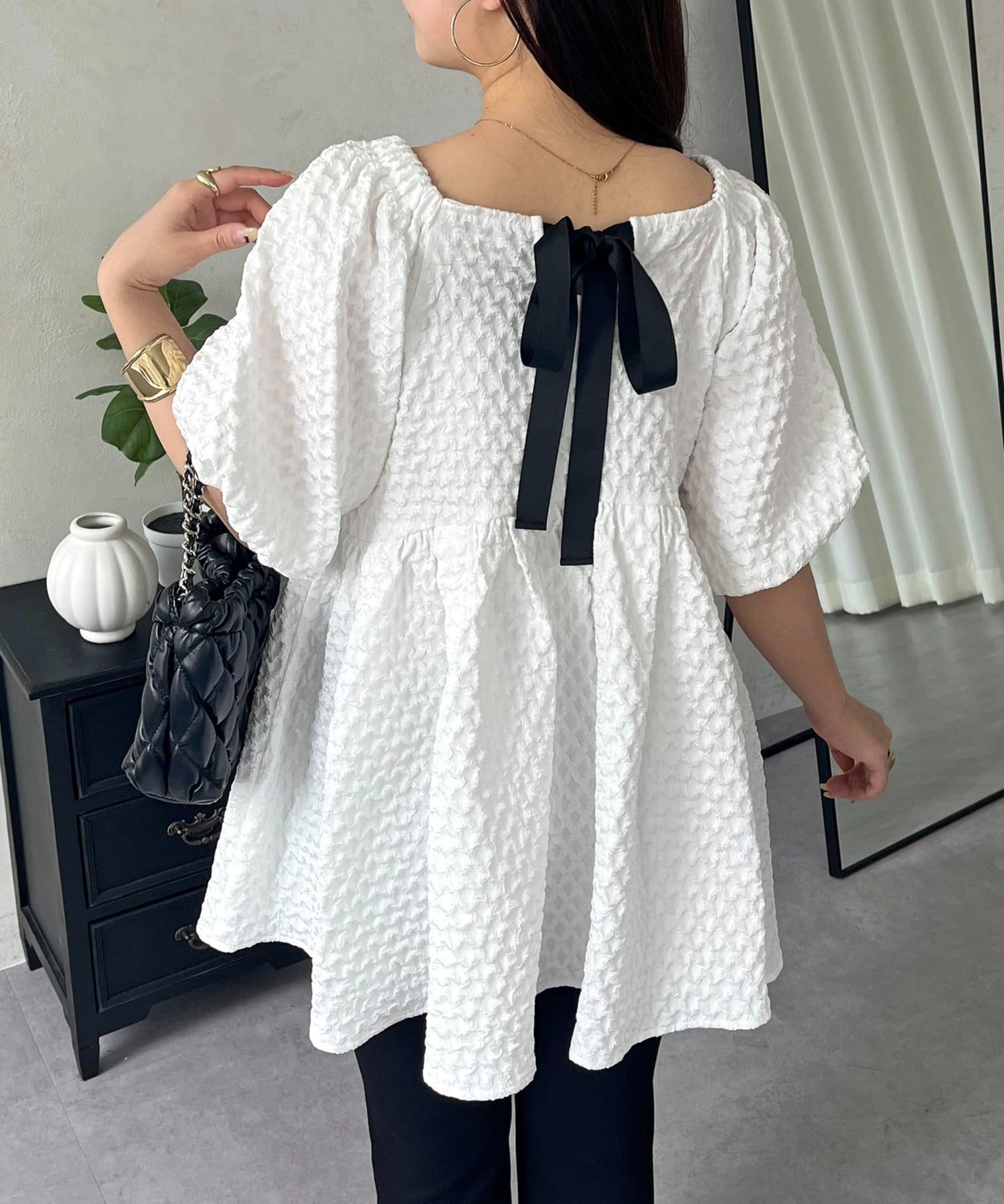 prose verse(プロズヴェール) バックリボンダイヤジャガードタックペプラムブラウス