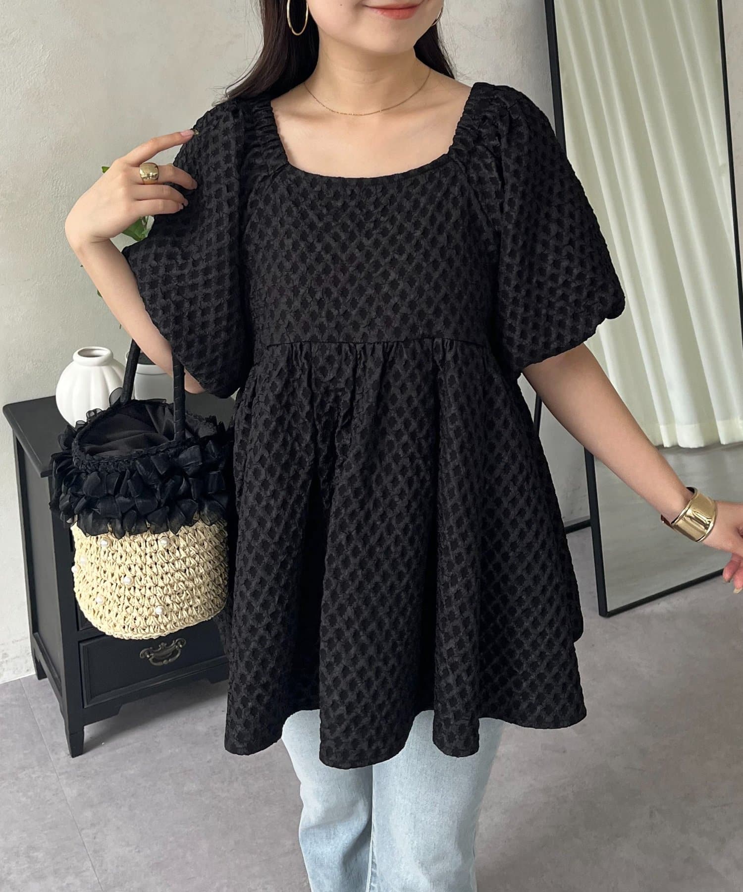 prose verse(プロズヴェール) バックリボンダイヤジャガードタックペプラムブラウス