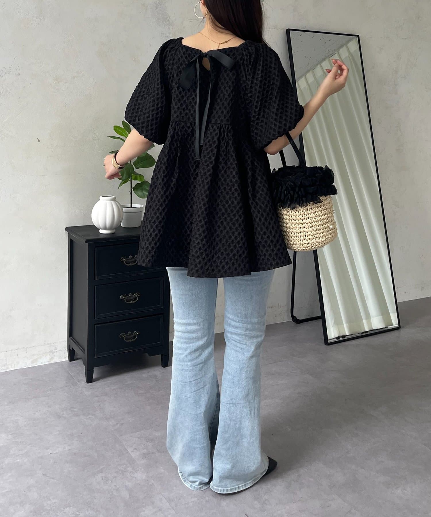 prose verse(プロズヴェール) バックリボンダイヤジャガードタックペプラムブラウス