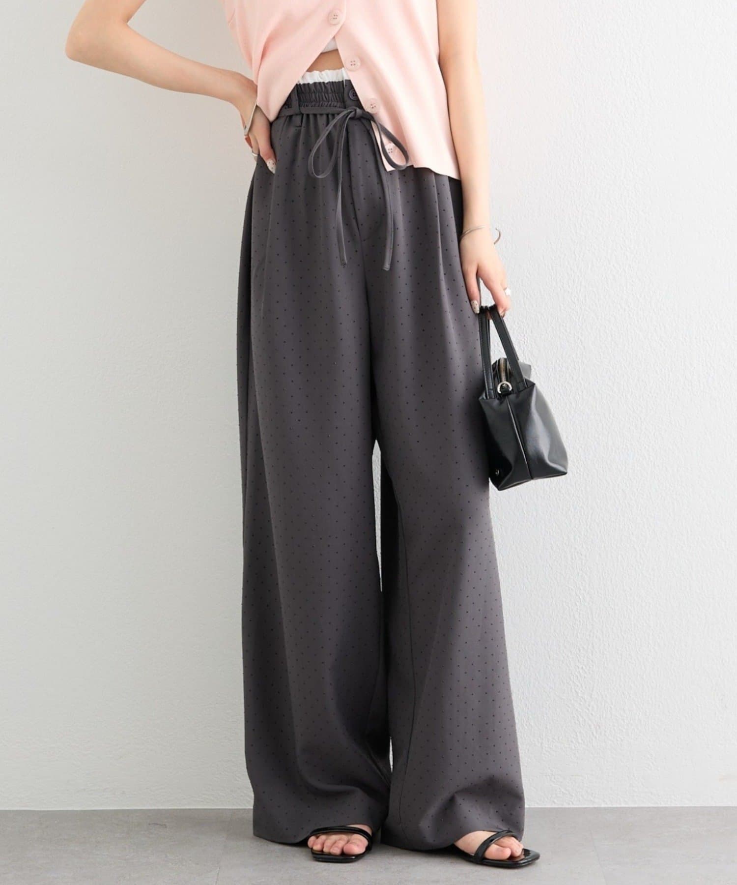 mysticのラインストーンWベルトパンツ