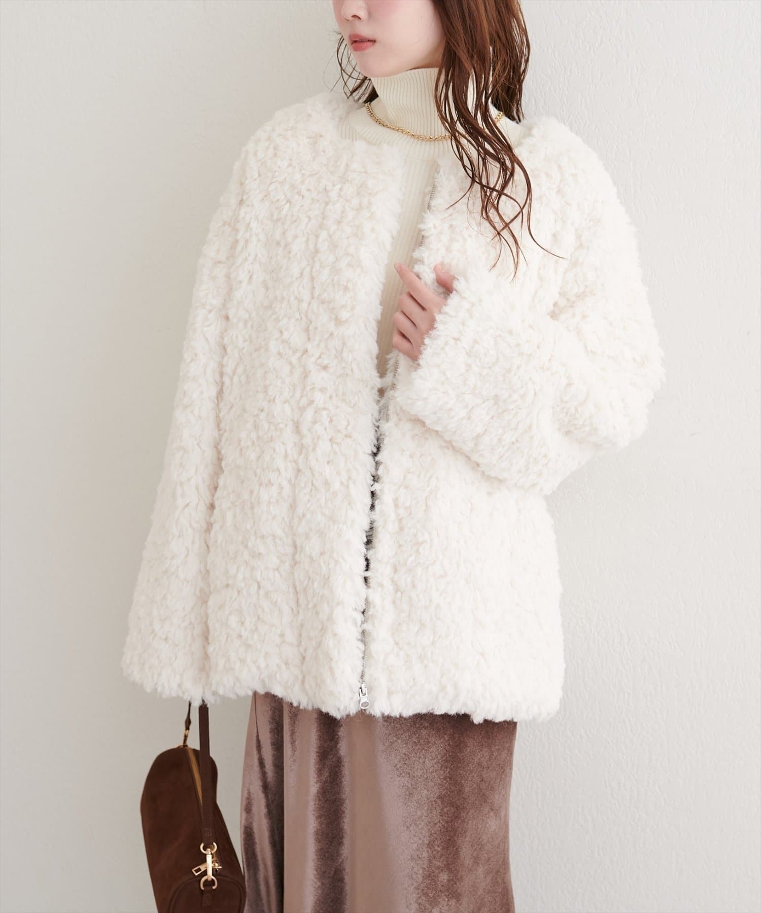 natural couture】アソートボアWミドルコート | NICE CLAUP / OLIVE