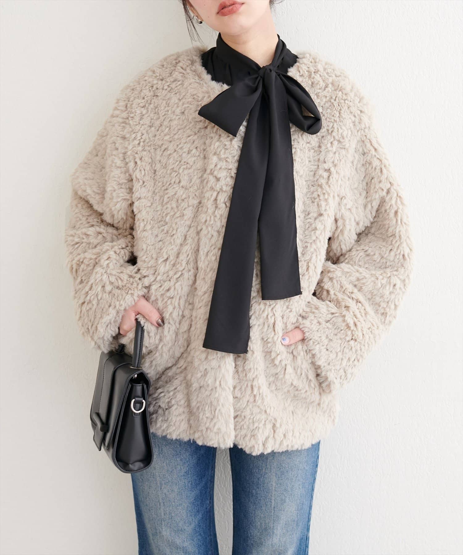 natural couture】アソートボアWミドルコート | NICE CLAUP / OLIVE