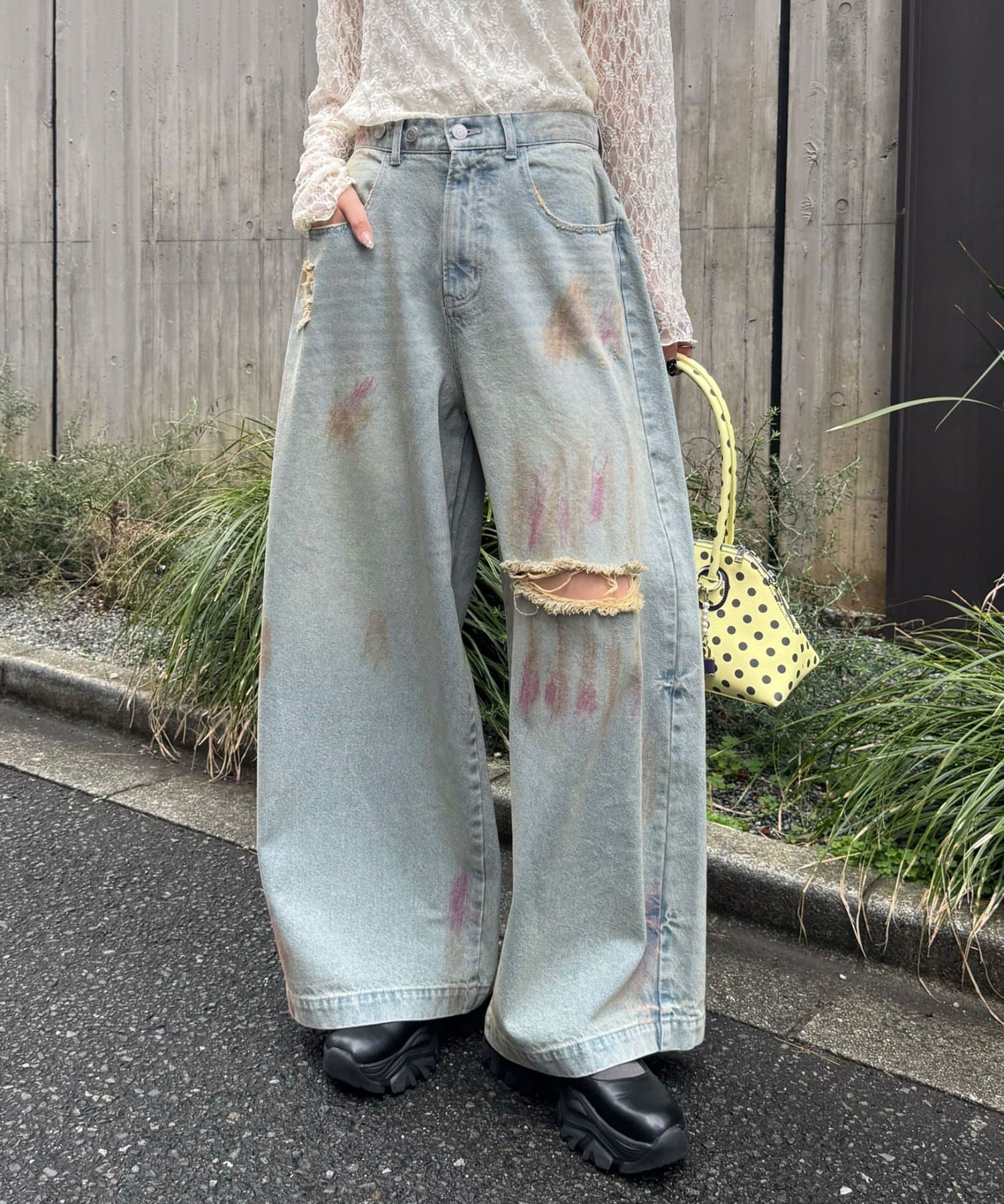 CIAOPANIC(チャオパニック) スプレー加工ダメージワイドデニムパンツ