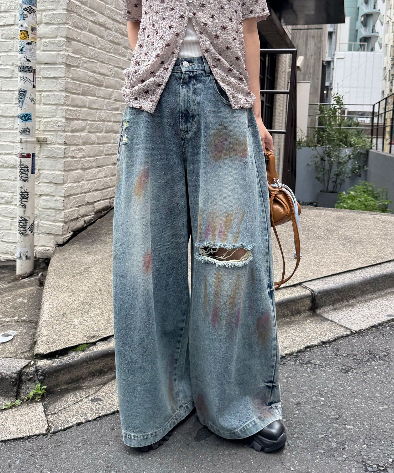 CIAOPANIC(チャオパニック) スプレー加工ダメージワイドデニムパンツ