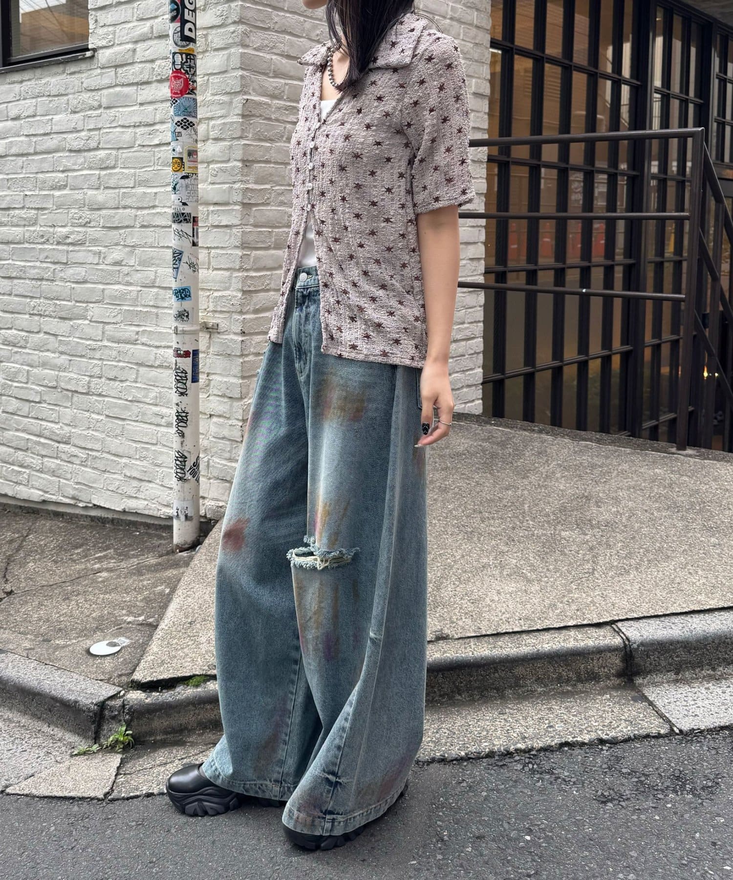 CIAOPANIC(チャオパニック) スプレー加工ダメージワイドデニムパンツ