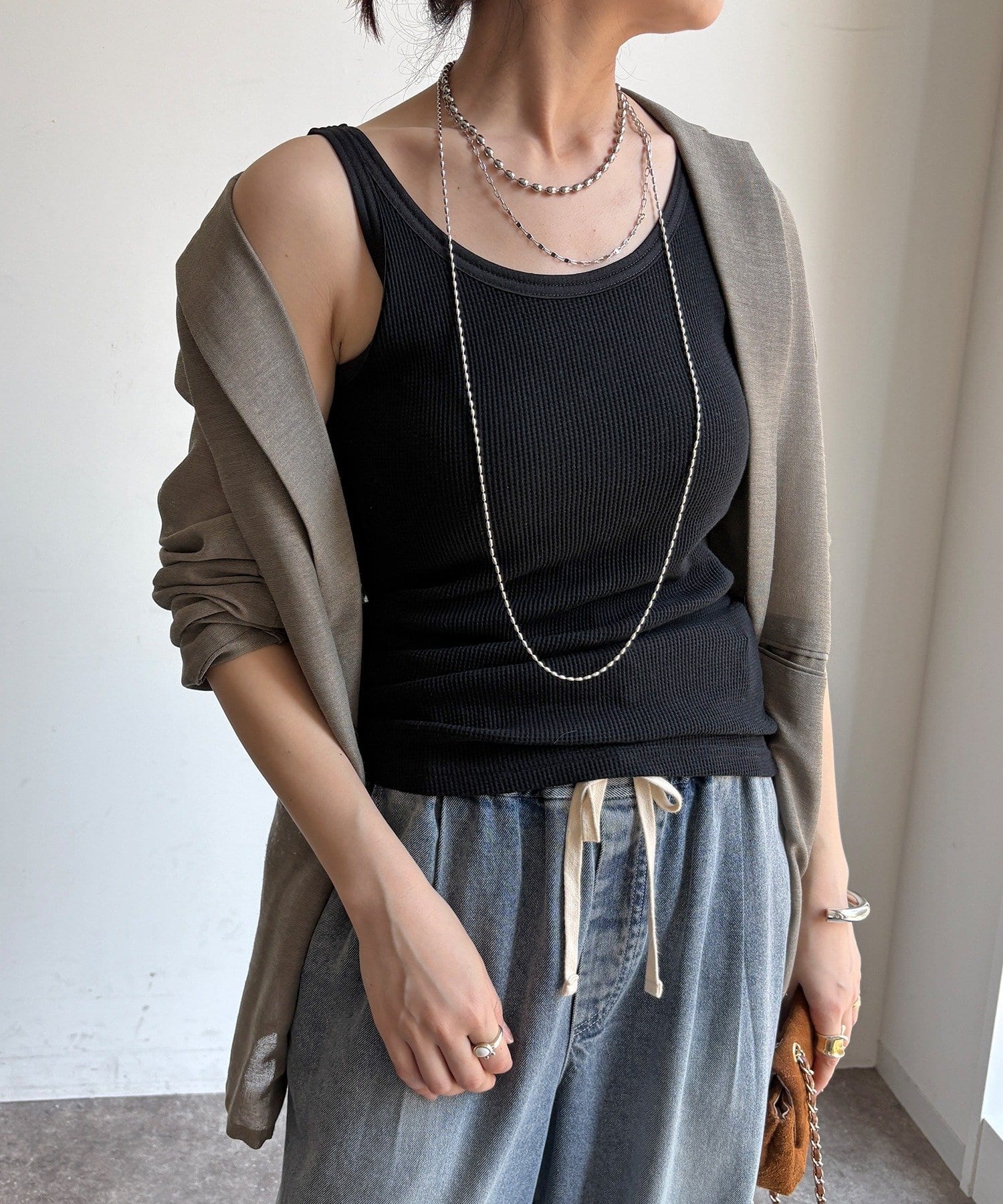 DOUDOU(ドゥドゥ) 異素材切替ワッフルタンク