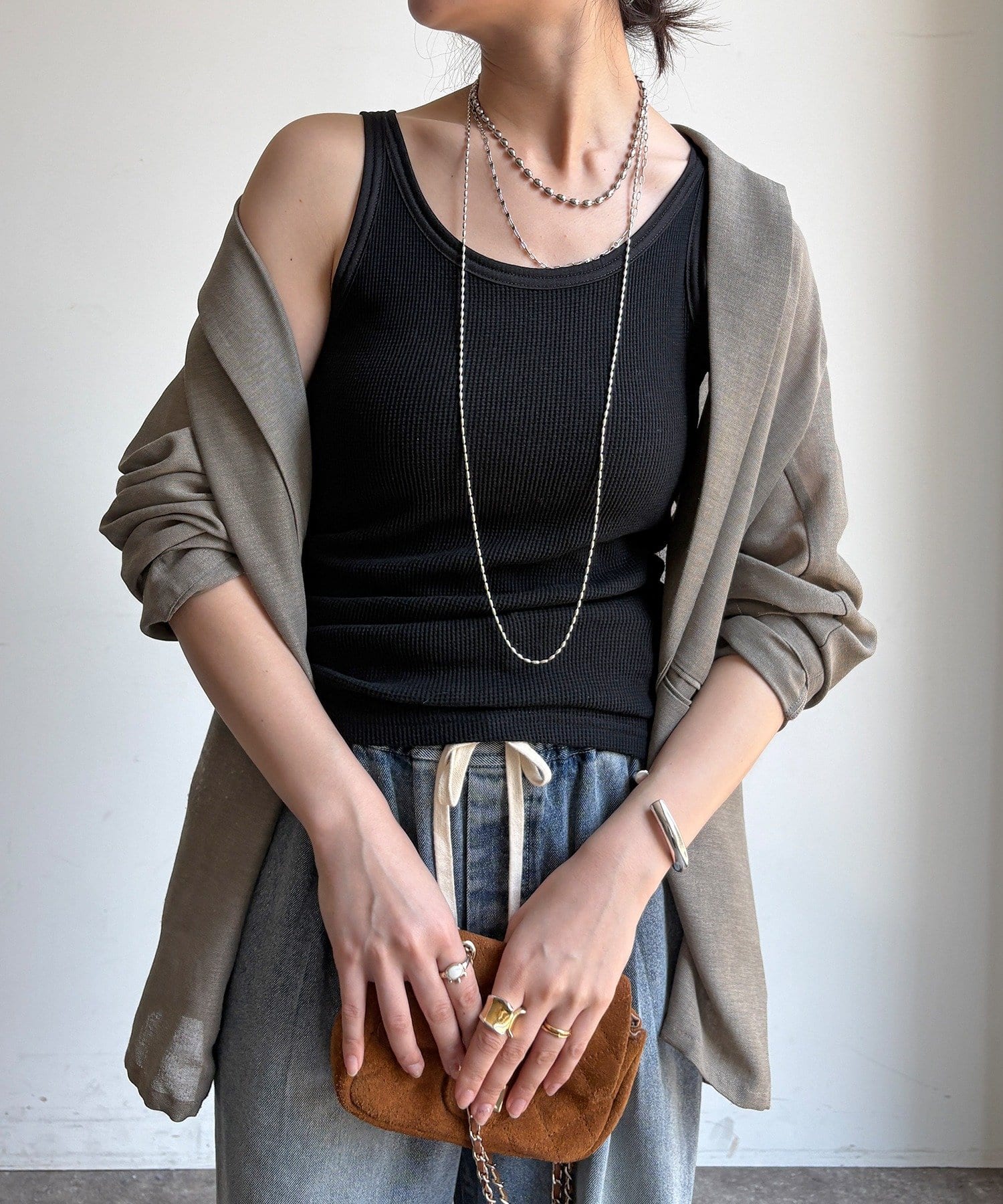 DOUDOU(ドゥドゥ) 異素材切替ワッフルタンク