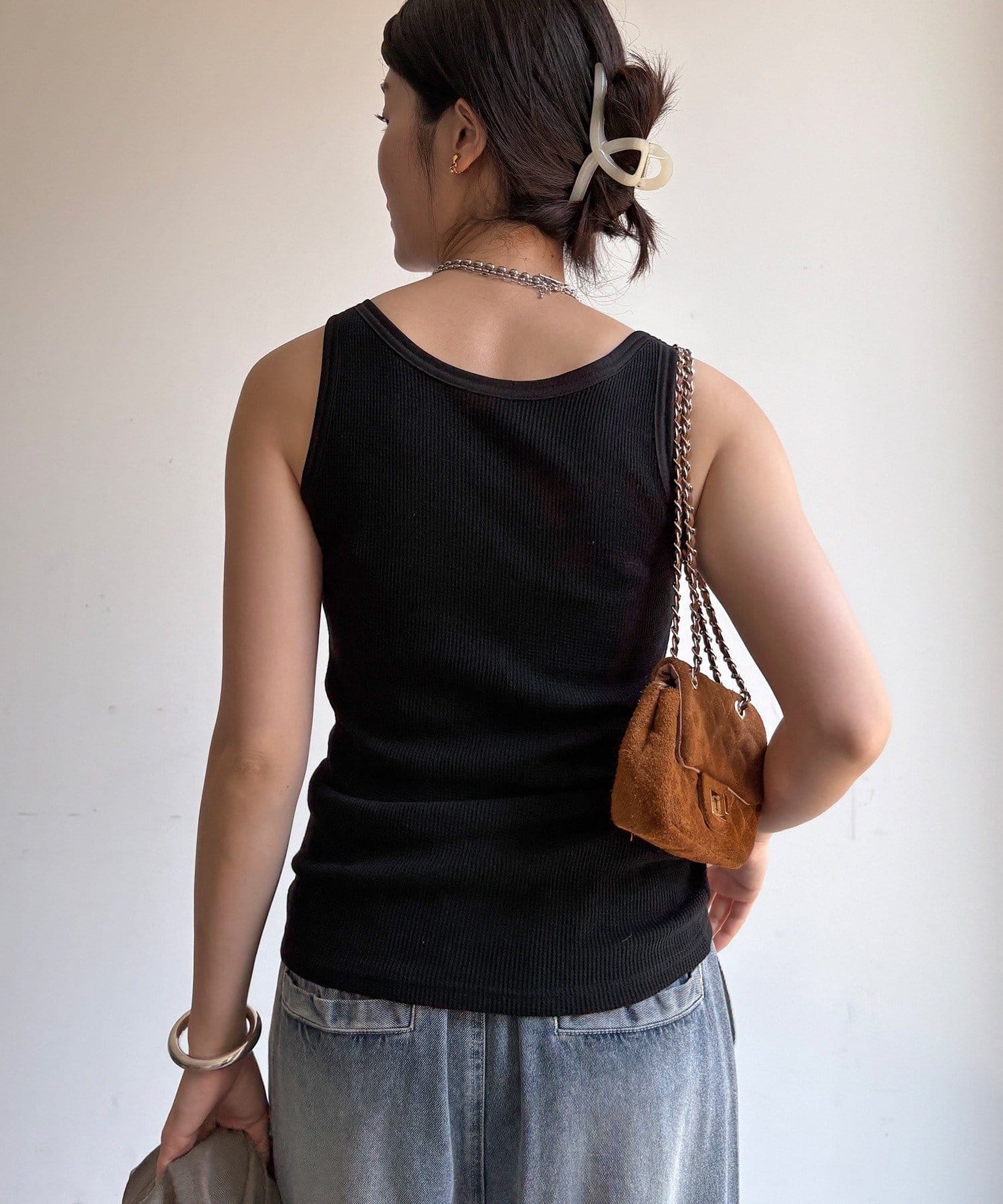 DOUDOU(ドゥドゥ) 異素材切替ワッフルタンク