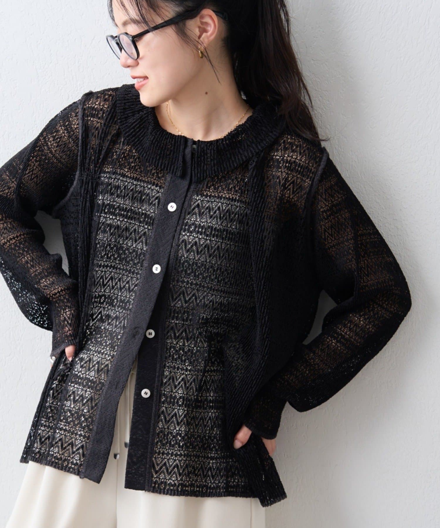 CIAOPANIC TYPY(チャオパニックティピー) 襟付きプリーツカットレースシアーカーデ