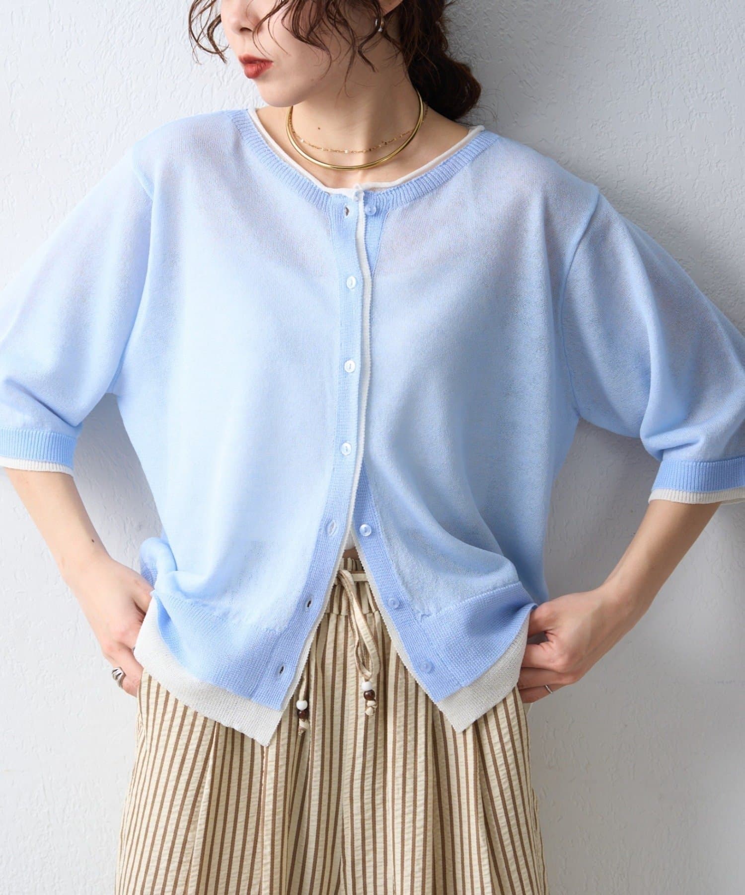 CIAOPANIC TYPY(チャオパニックティピー) 2wayレイヤードライク配色5分袖シアーニットカーデ