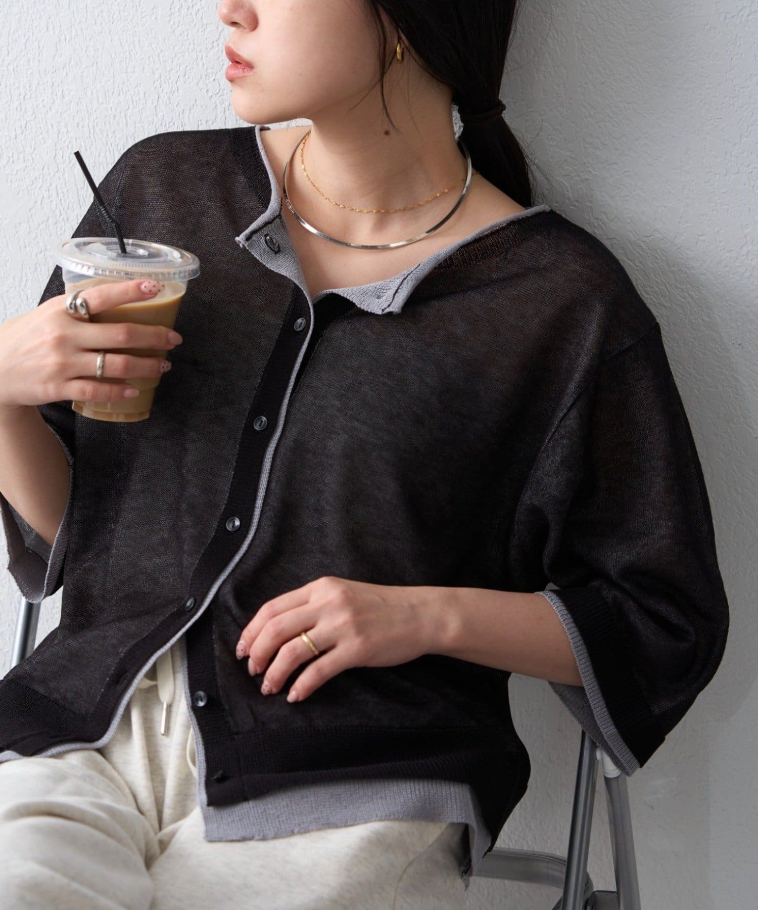 CIAOPANIC TYPY(チャオパニックティピー) 2wayレイヤードライク配色5分袖シアーニットカーデ