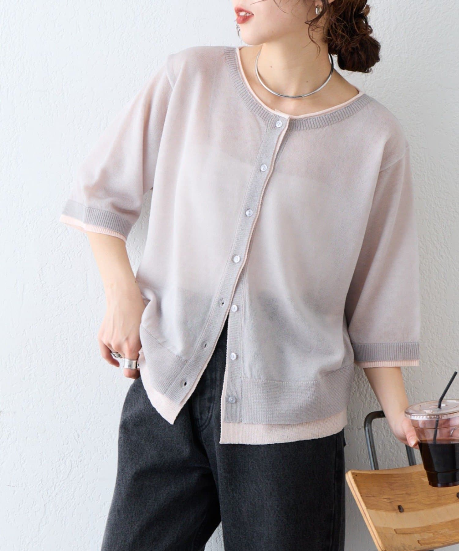 CIAOPANIC TYPY(チャオパニックティピー) 【接触冷感/一枚で決まる】レイヤードライク配色5分袖シアーニットカーデ