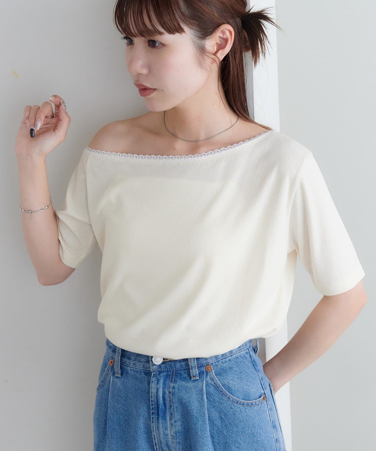 OUTLET(アウトレット) 【Discoat】前後2WAY衿レース使いワンショルT