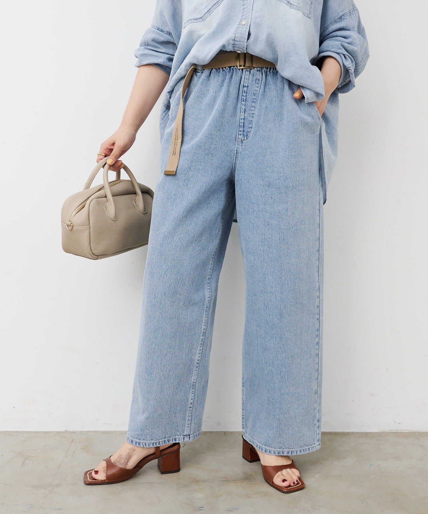 PUAL CE CIN(ピュアルセシン) ベルト付き綿麻デニムパンツ