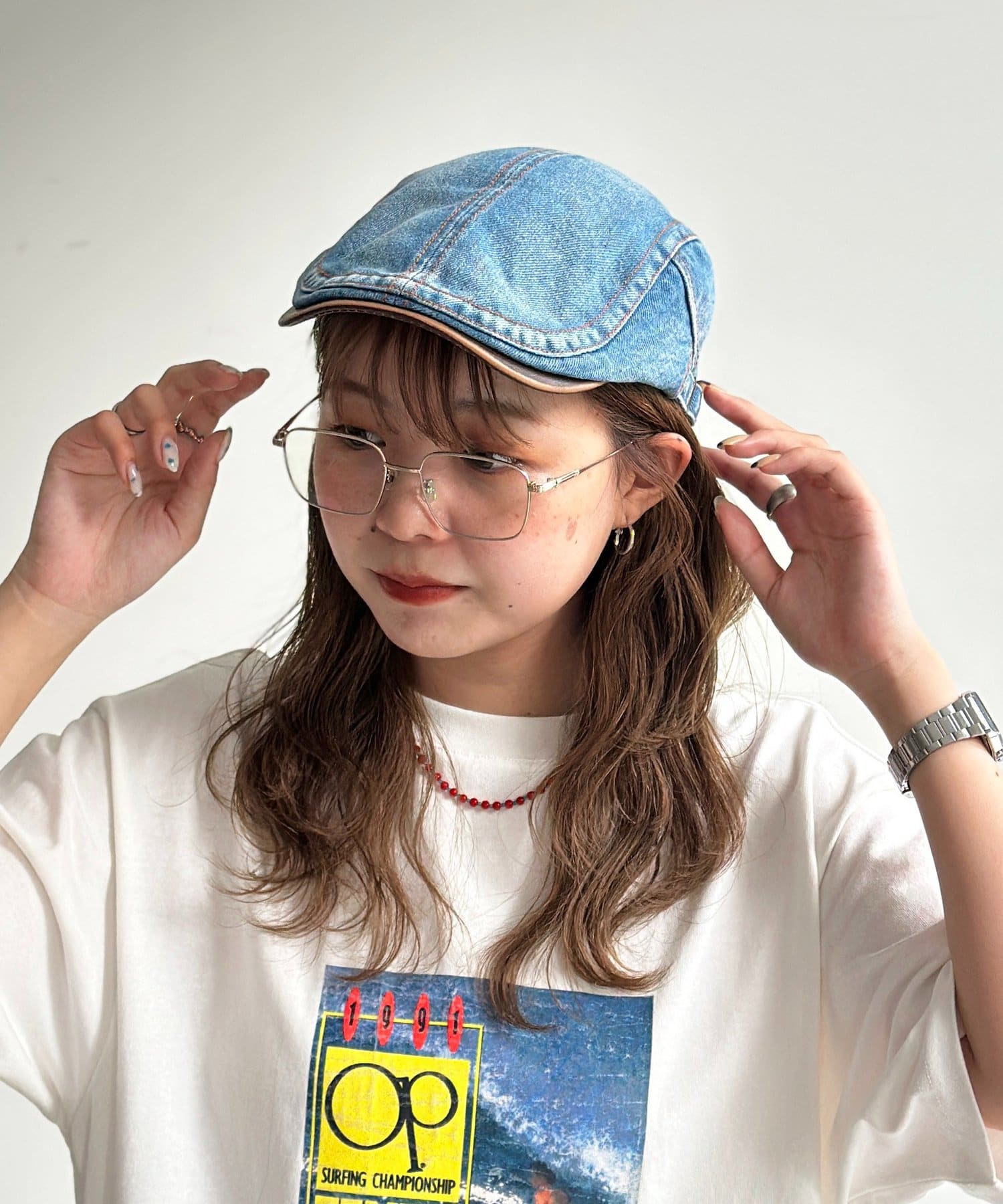 CPCM(シーピーシーエム) レザー切替デニムキャスケット