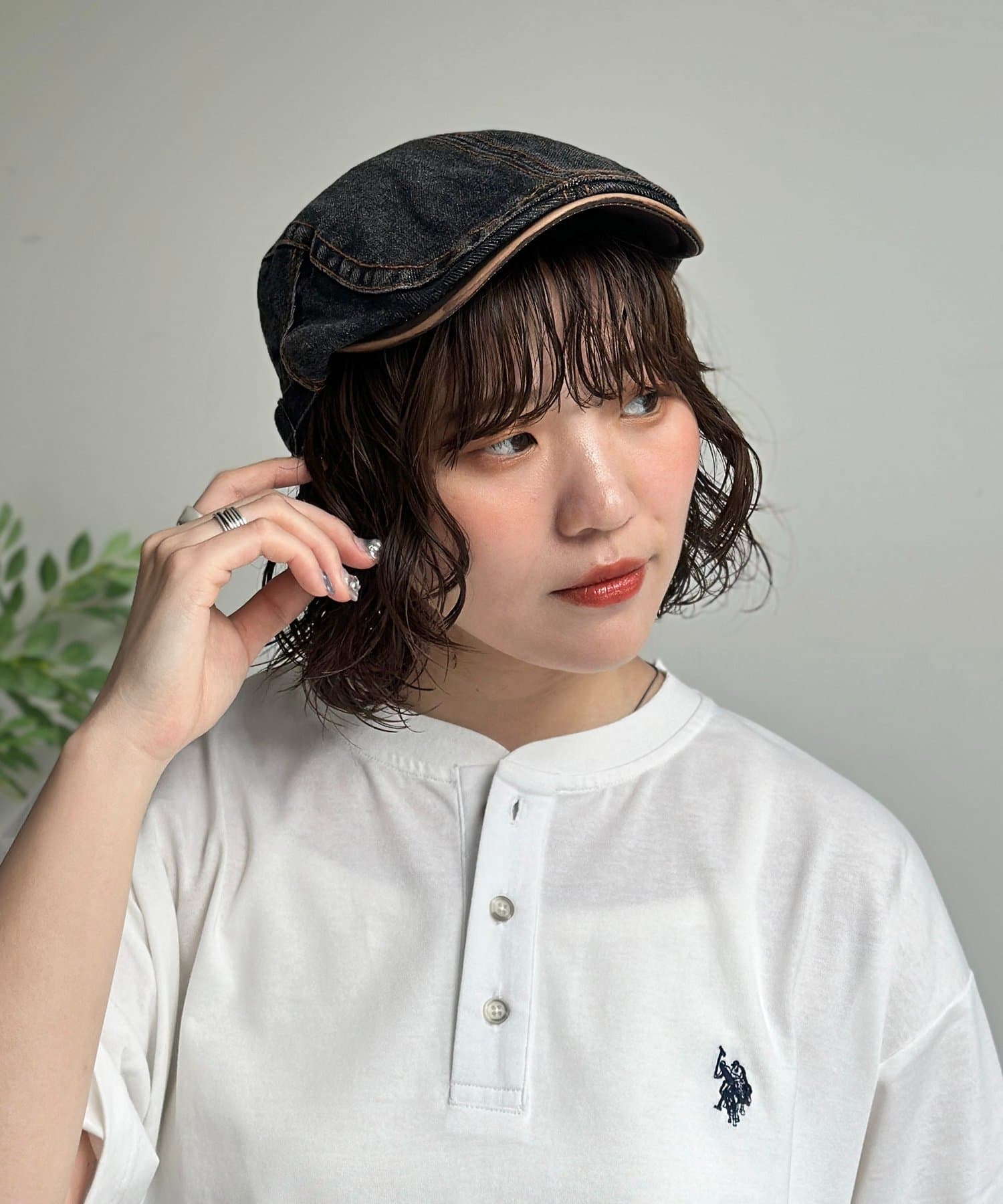 CPCM(シーピーシーエム) レザー切替デニムキャスケット