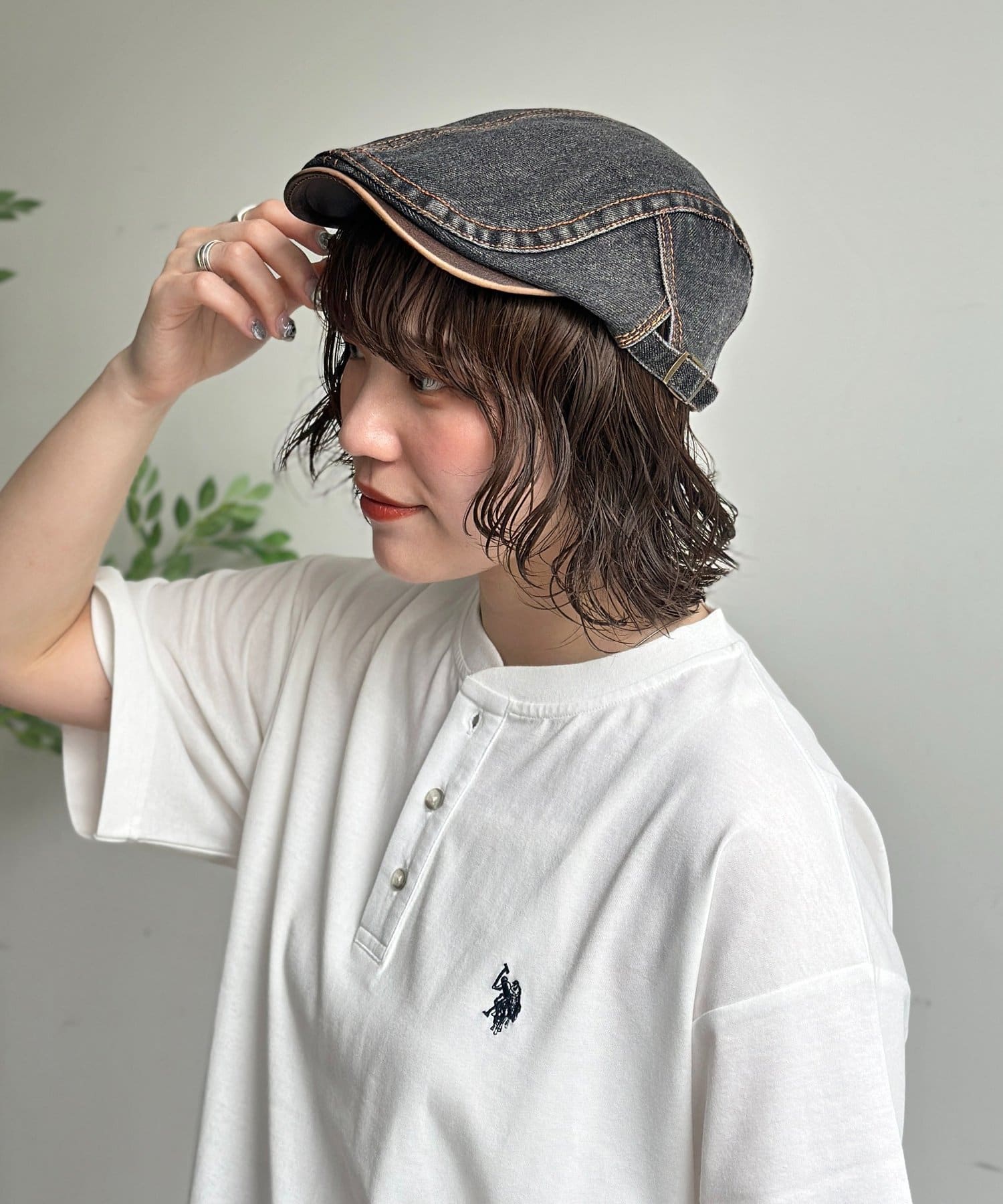 CPCM(シーピーシーエム) レザー切替デニムキャスケット