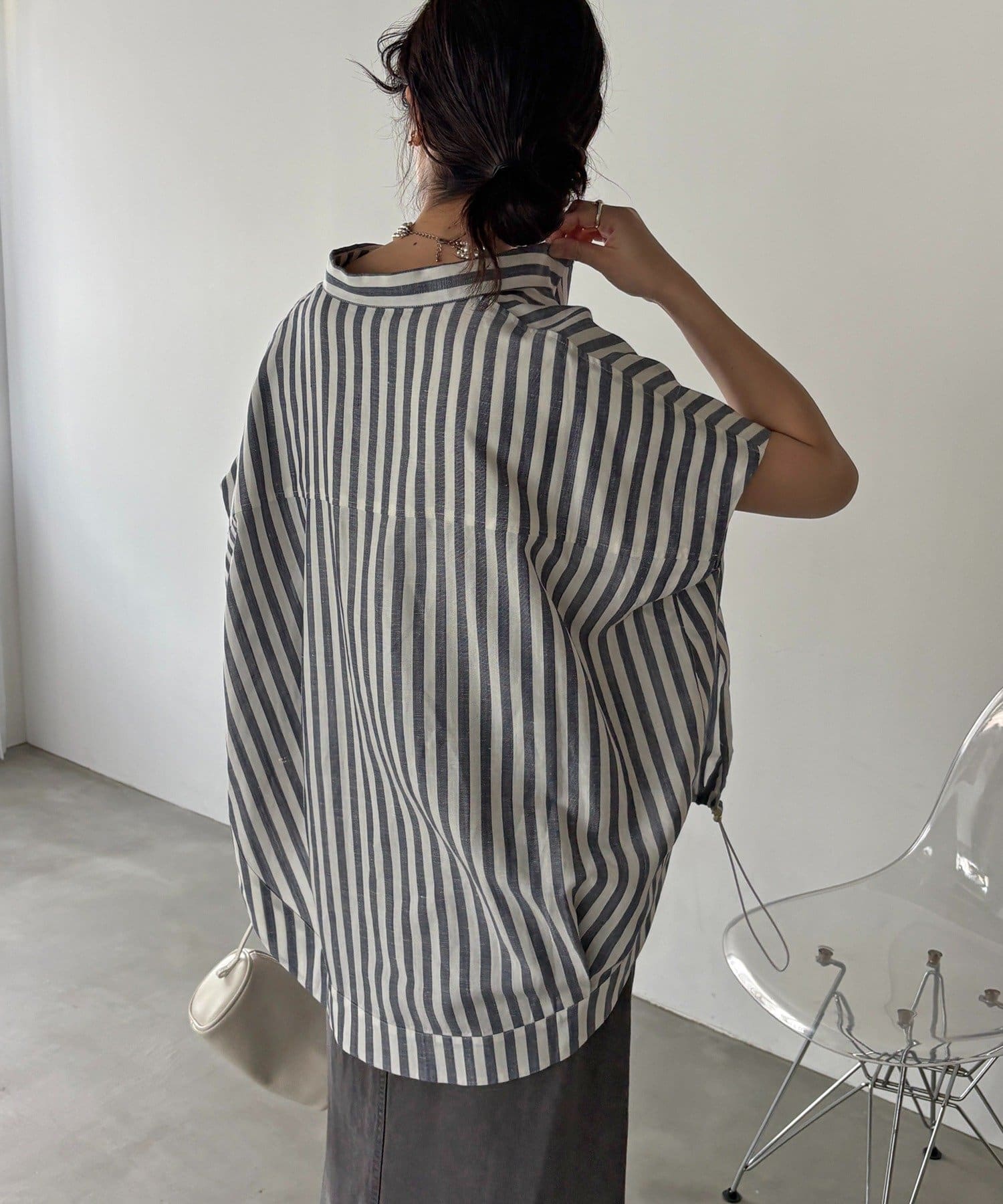 DOUDOU(ドゥドゥ) リネンストライプスピンドルブラウス