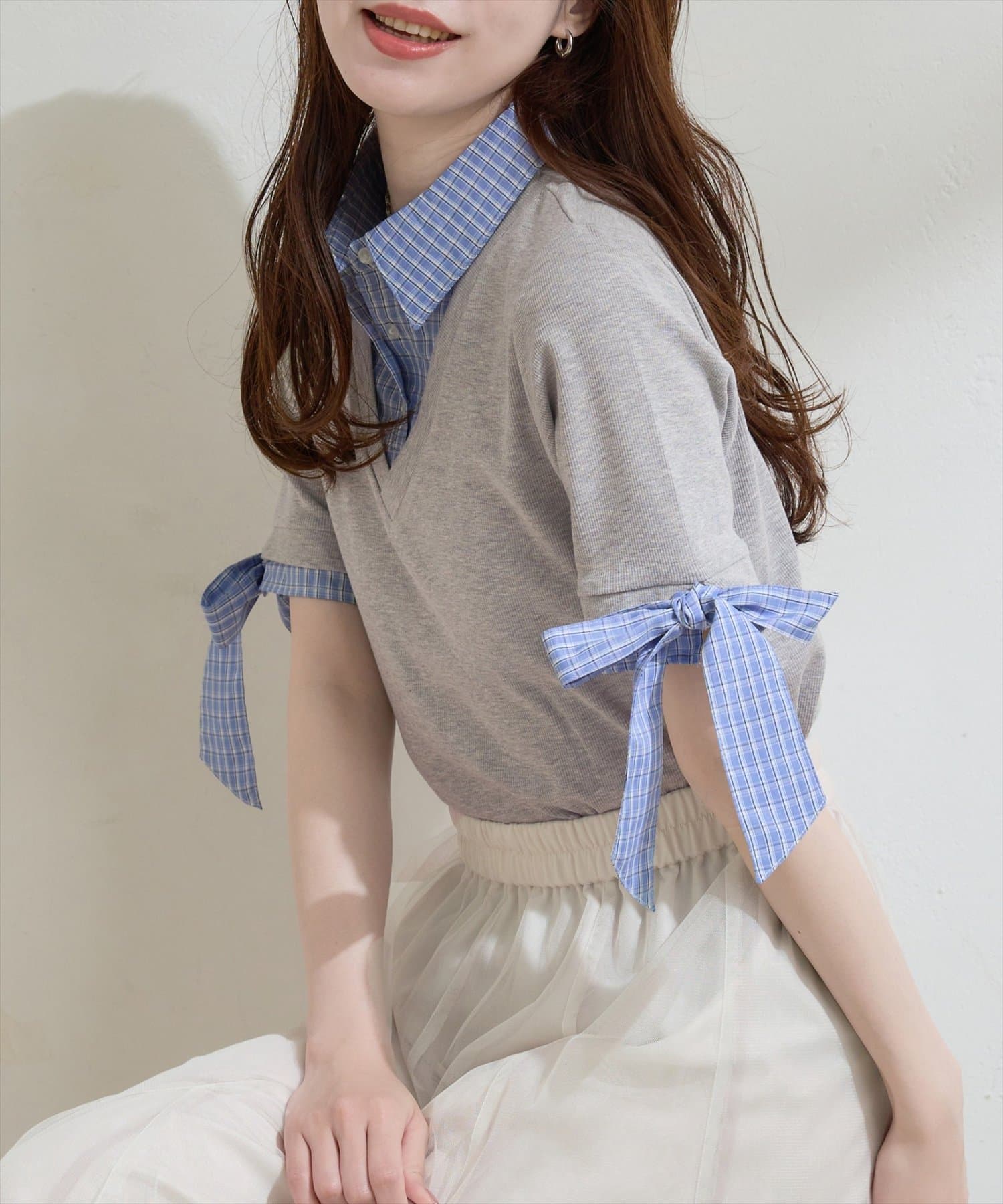 natural couture(ナチュラルクチュール) レイヤードリボンスリーブ半袖TOPS