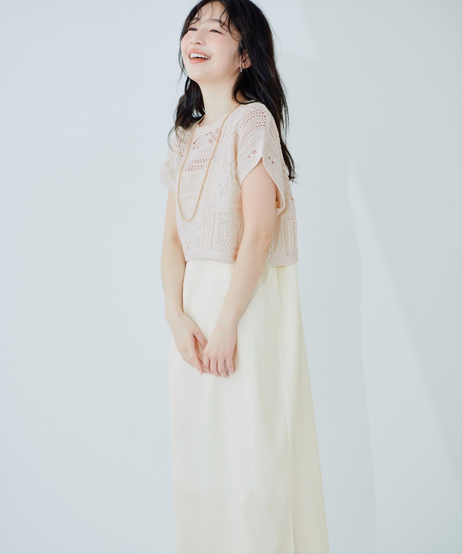 natural couture(ナチュラルクチュール) パッチワーク透かし柄ニット＋キャミワンピースSET