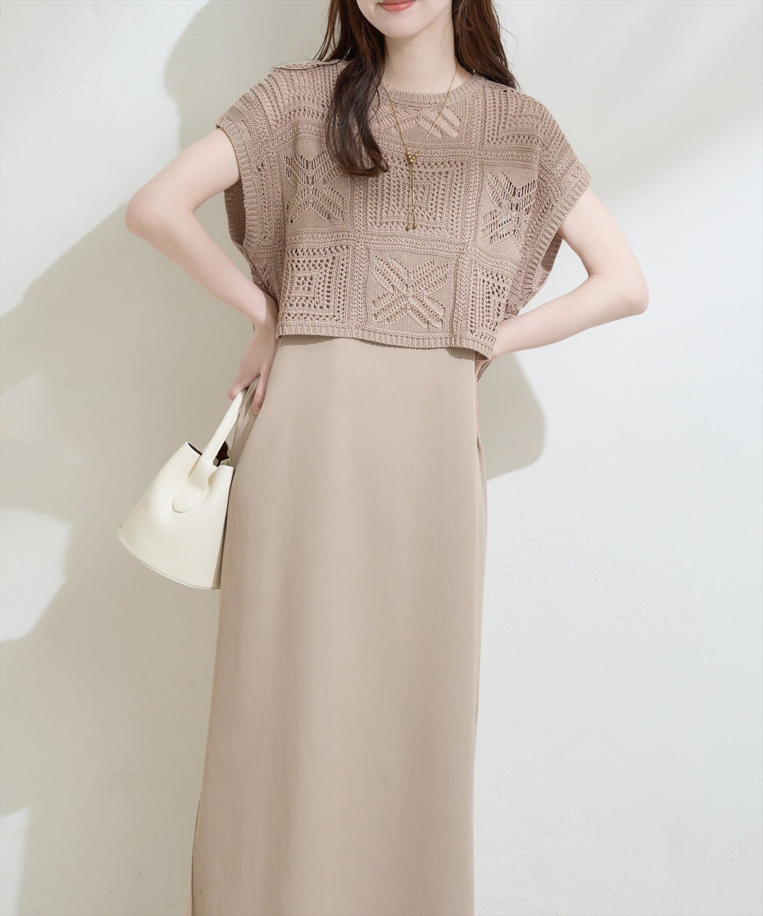 natural couture(ナチュラルクチュール) パッチワーク透かし柄ニット＋キャミワンピースSET