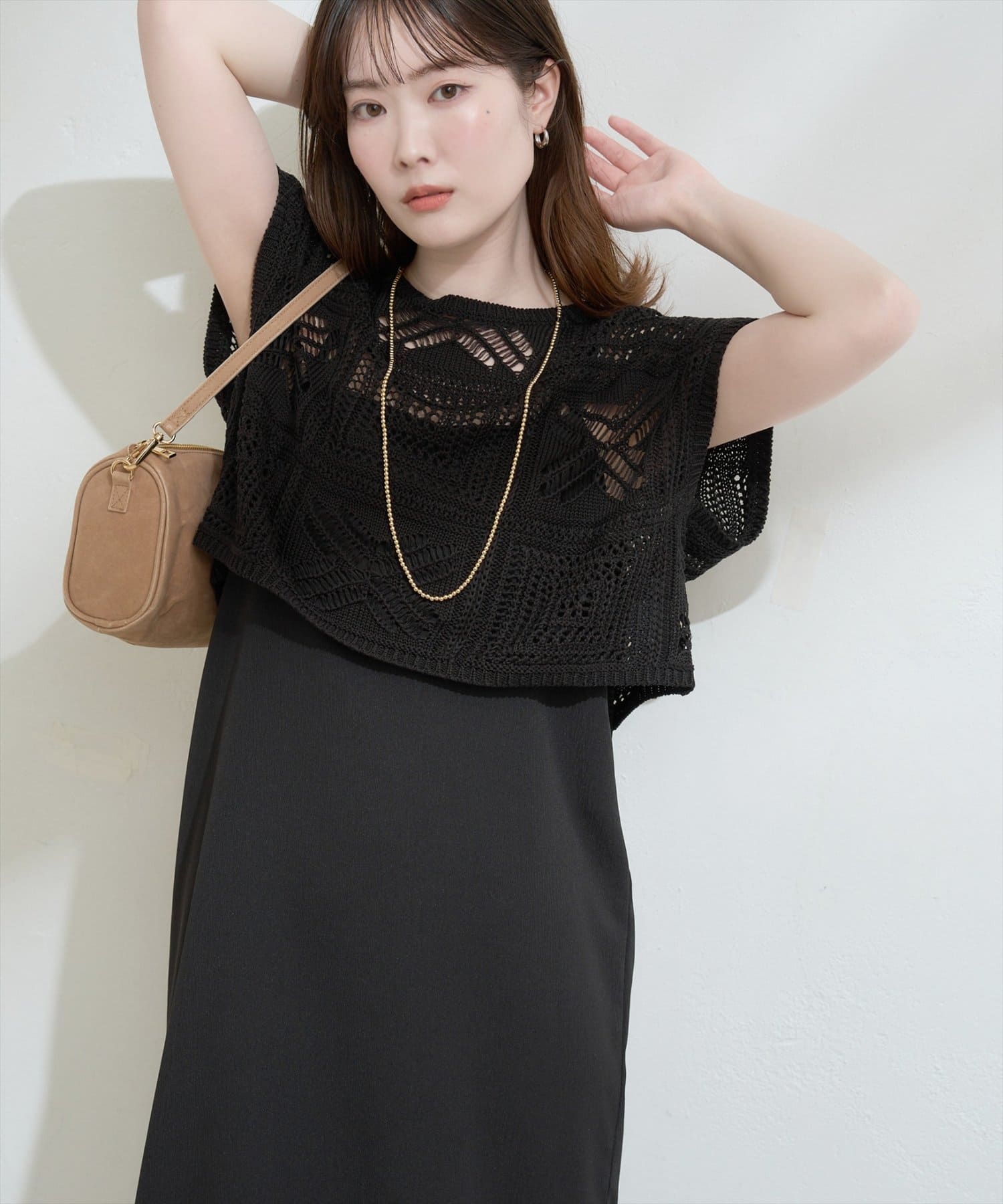 natural couture(ナチュラルクチュール) パッチワーク透かし柄ニット＋キャミワンピースSET