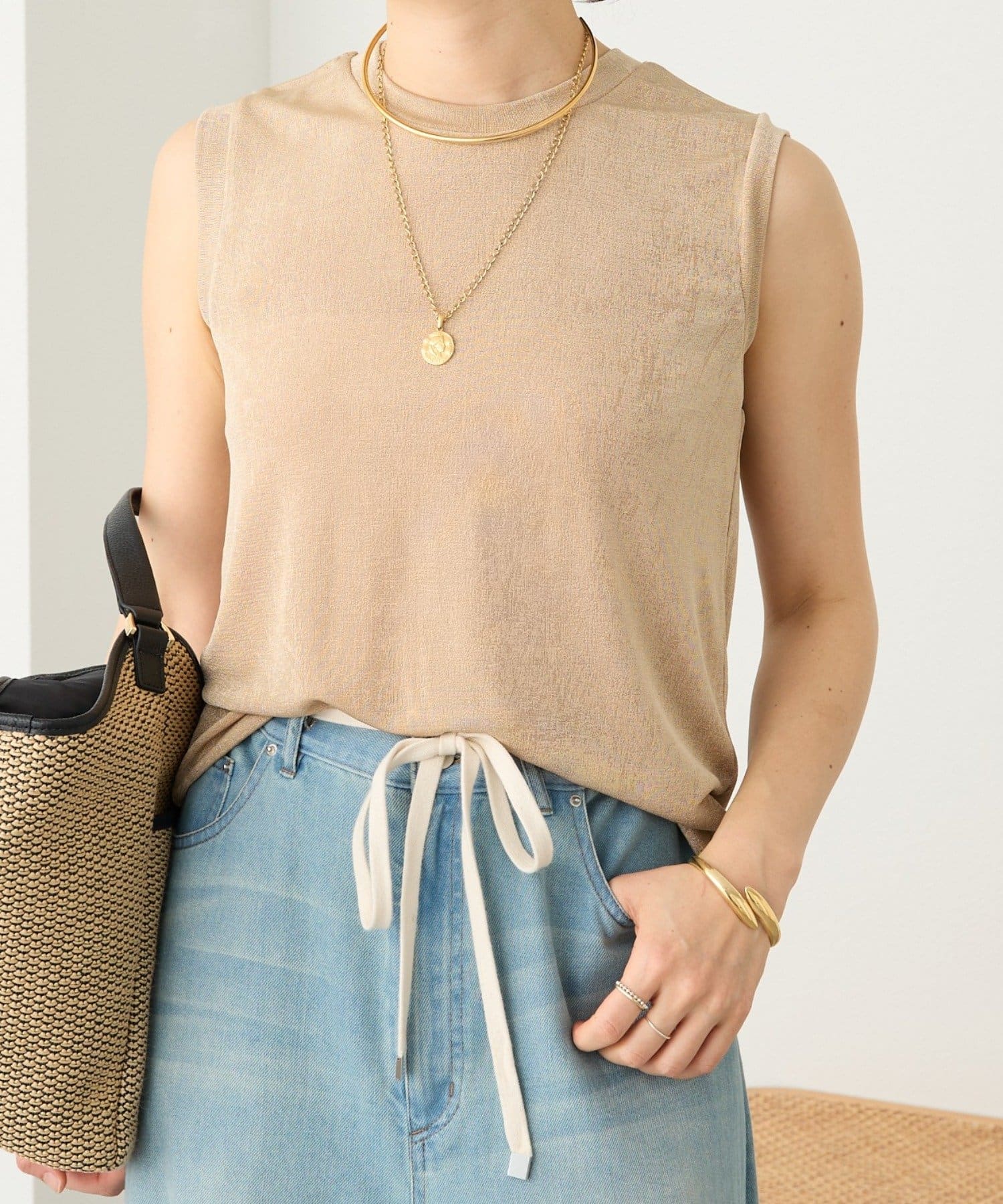 RIVE DROITE(リヴドロワ) 予約【上品な光沢が目を引く】シャイニーノースリTee