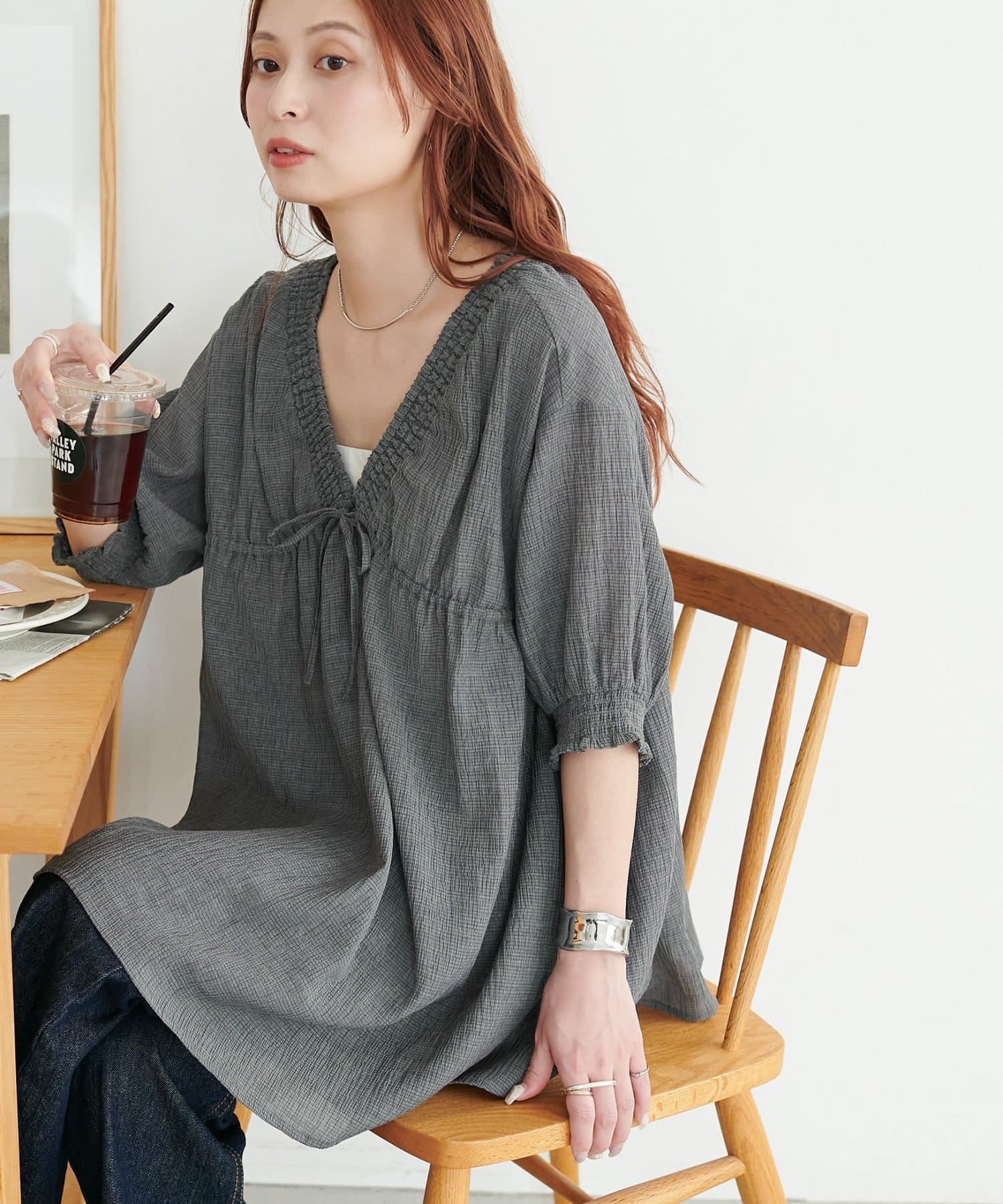 DISCOAT(ディスコート) シャーリングチェックチュニック