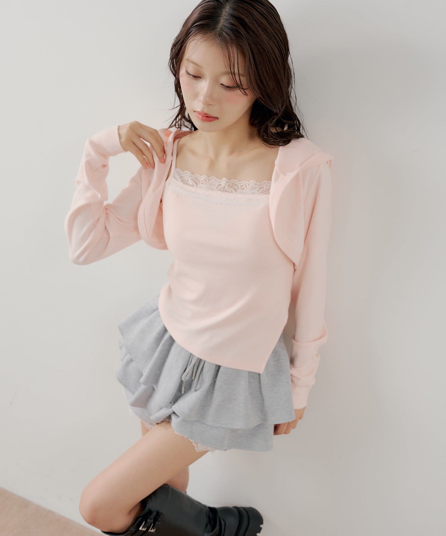 OUTLET(アウトレット) 【Chico】レースキャミ+フードボレロセット