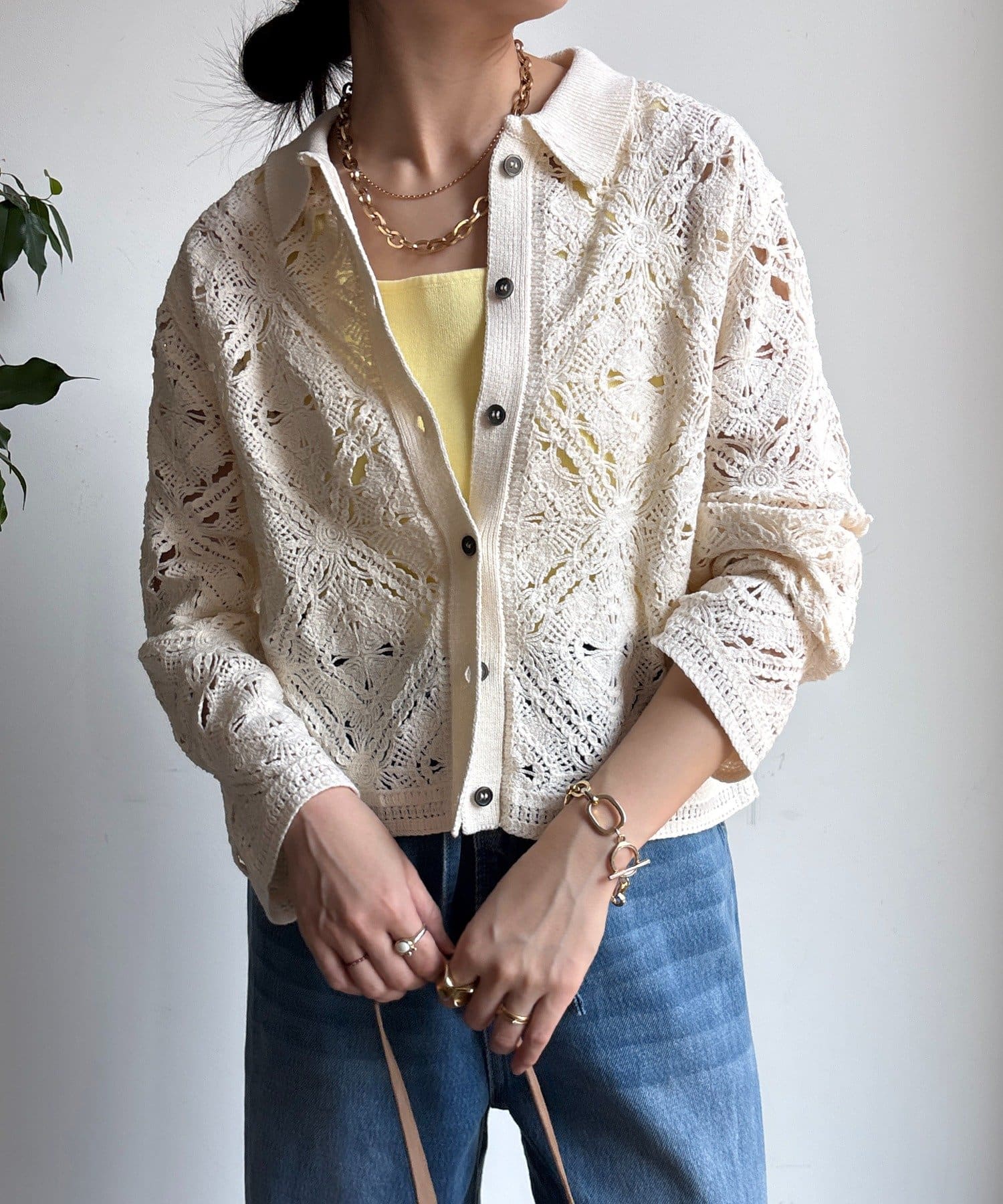 OUTLET(アウトレット) 【DouDou】レース柄襟付きニットシャツカーディガン