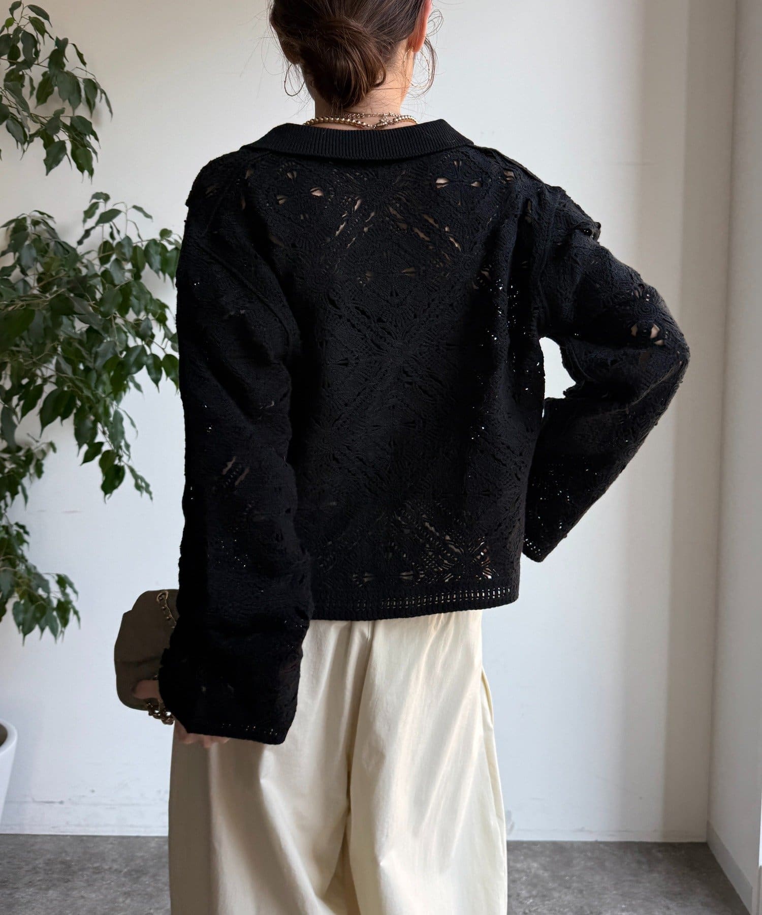 OUTLET(アウトレット) 【DouDou】レース柄襟付きニットシャツカーディガン