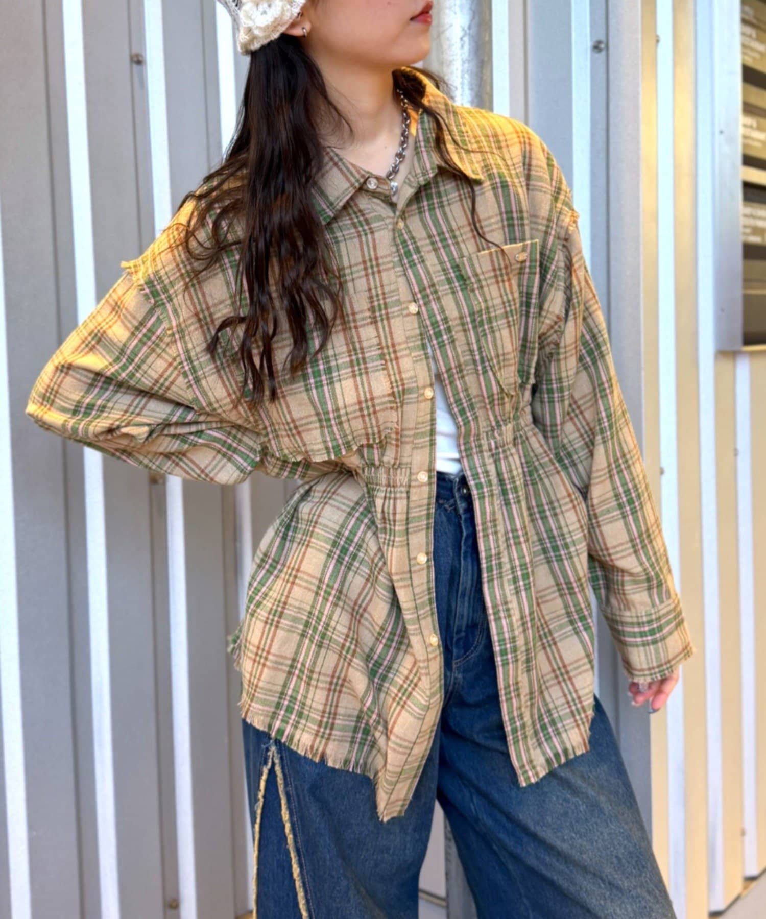 OUTLET(アウトレット) 【w closet】ネルチェックギャザーシャツ