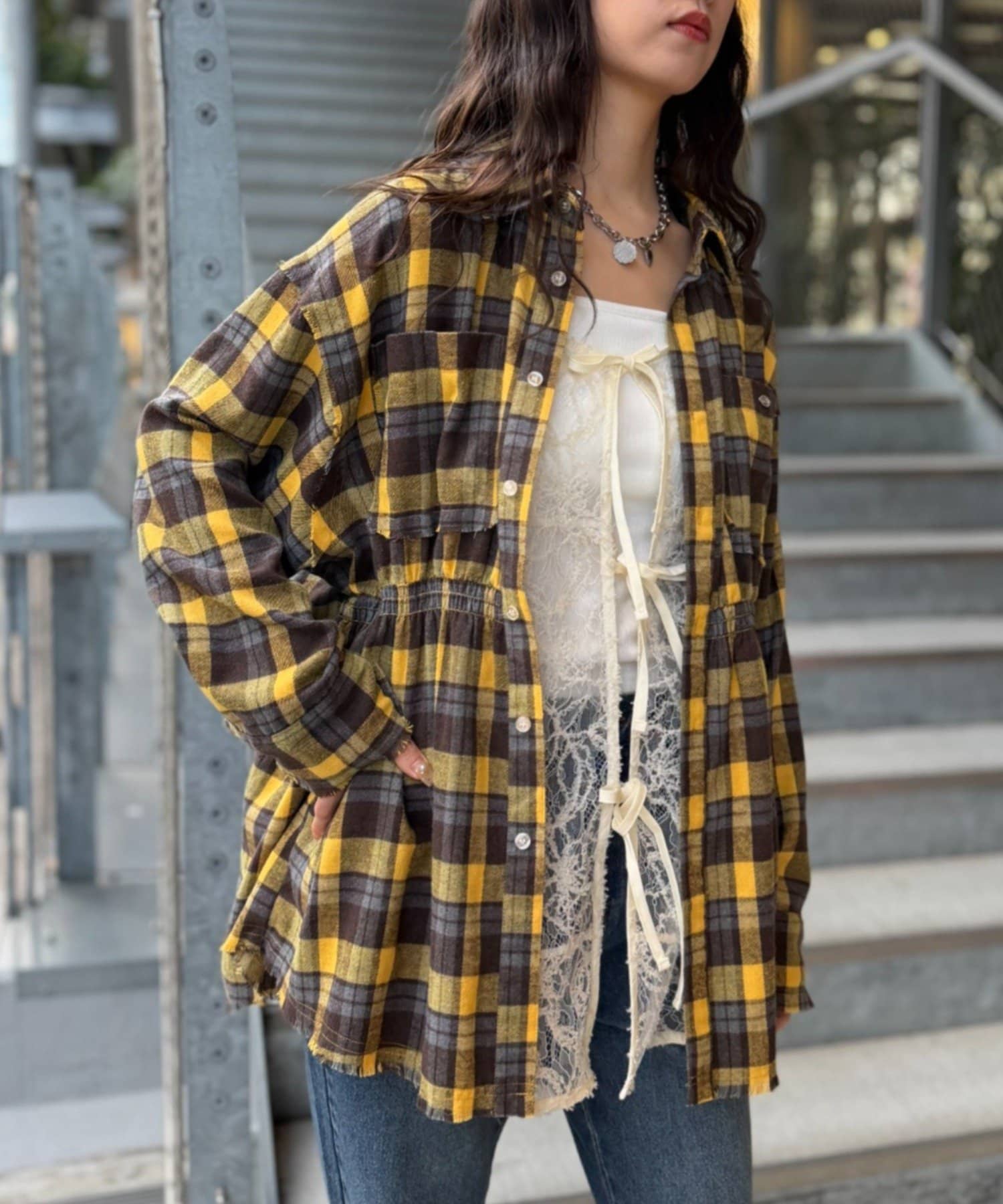 OUTLET(アウトレット) 【w closet】ネルチェックギャザーシャツ