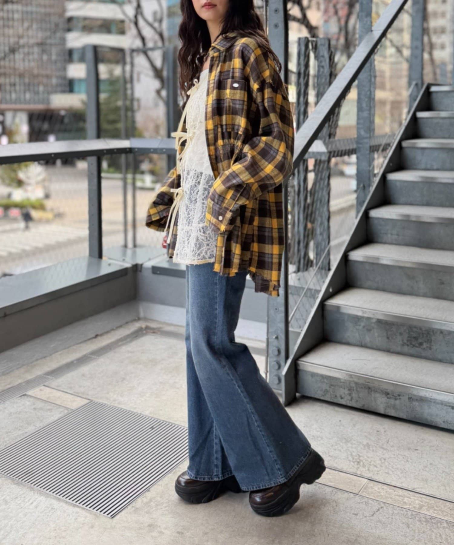 OUTLET(アウトレット) 【w closet】ネルチェックギャザーシャツ