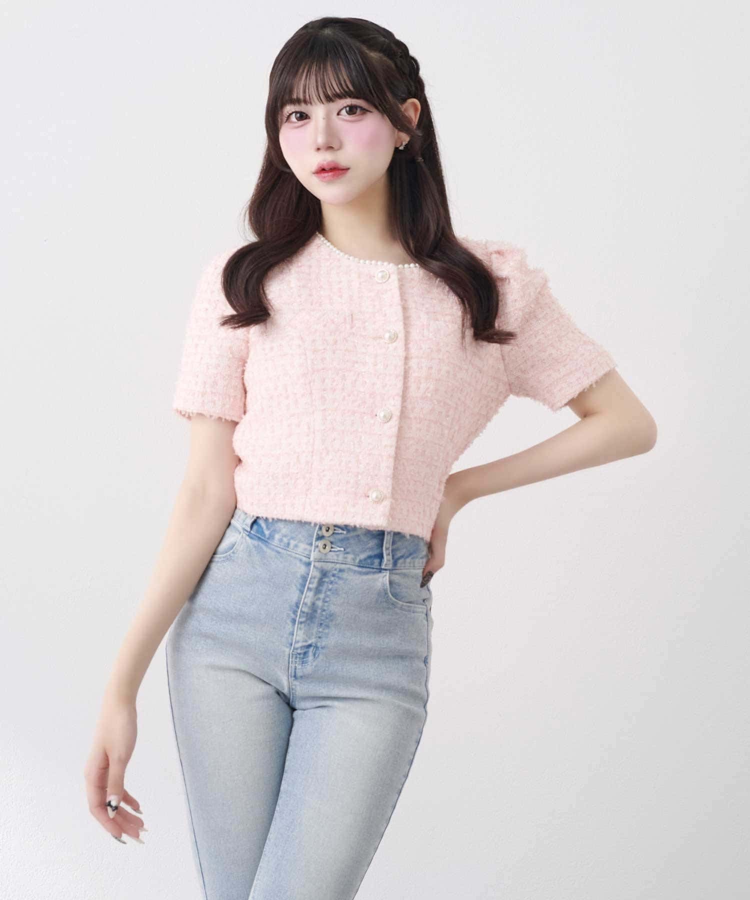 Belle Charme(ベルシャルム) Pearl Neck Tweed Jacket