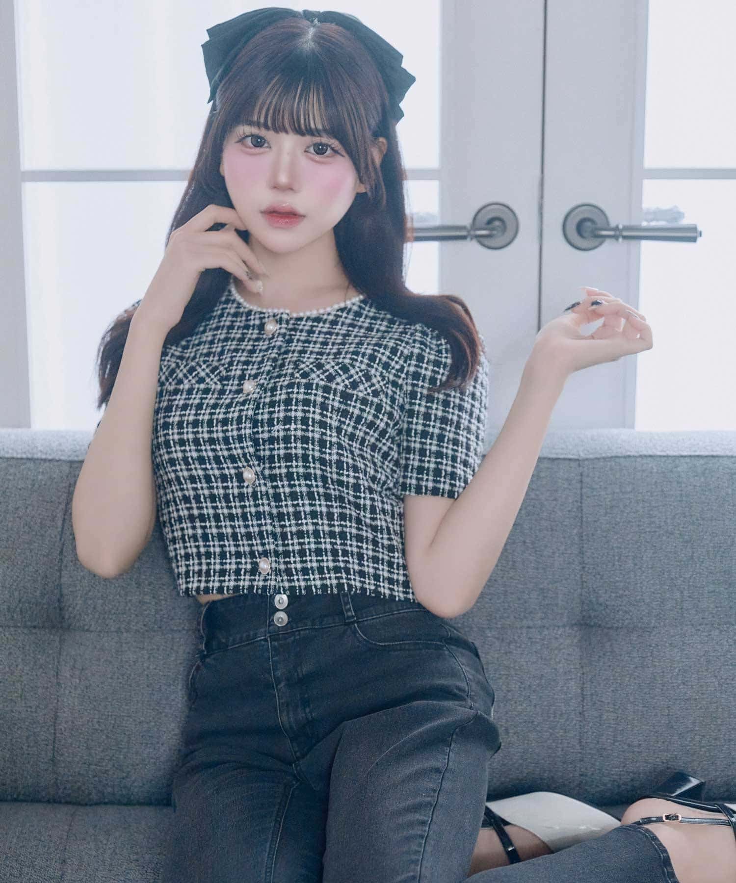 Belle Charme(ベルシャルム) Pearl Neck Tweed Jacket