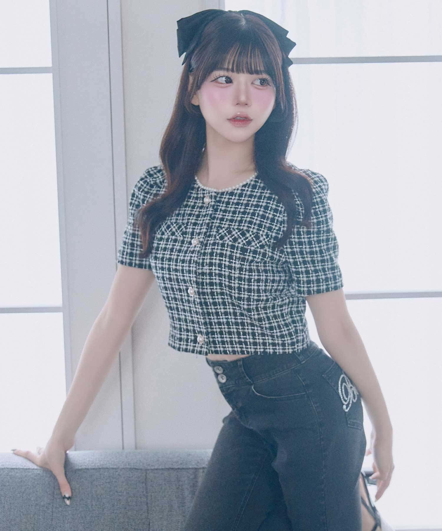 Belle Charme(ベルシャルム) Pearl Neck Tweed Jacket