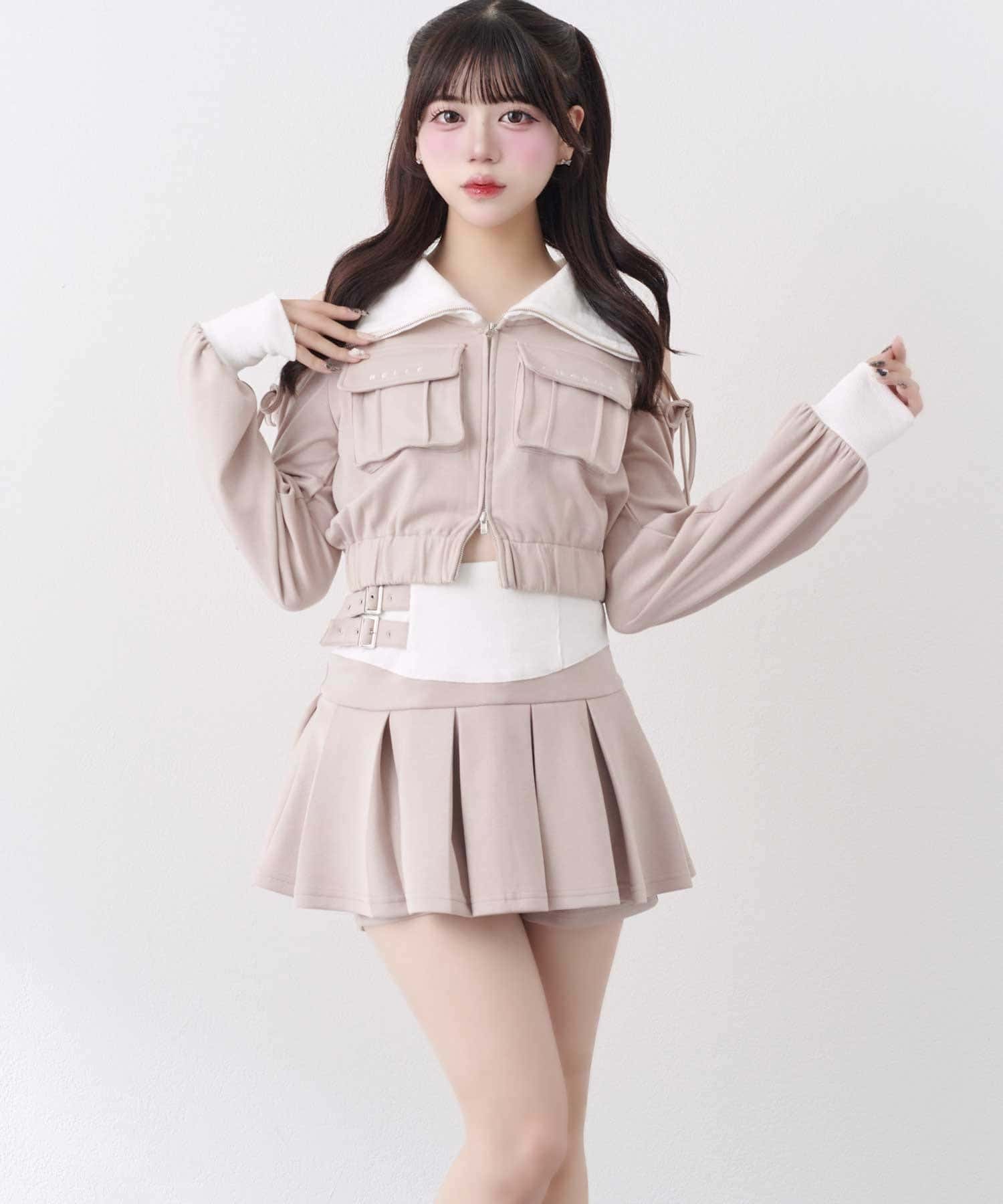 Belle Charme(ベルシャルム) Side Belt Pleats Rib Skirt