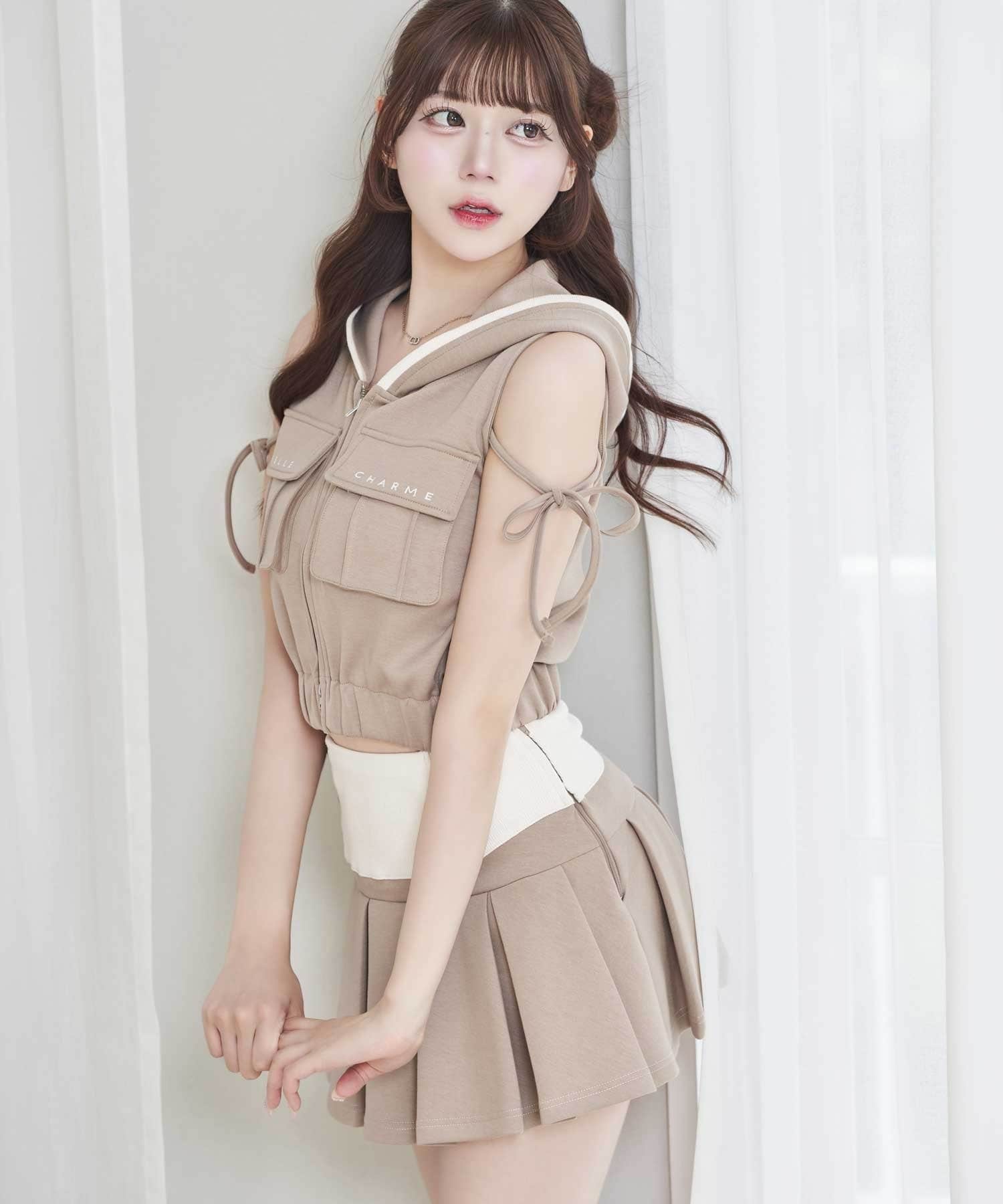 Belle Charme(ベルシャルム) Side Belt Pleats Rib Skirt