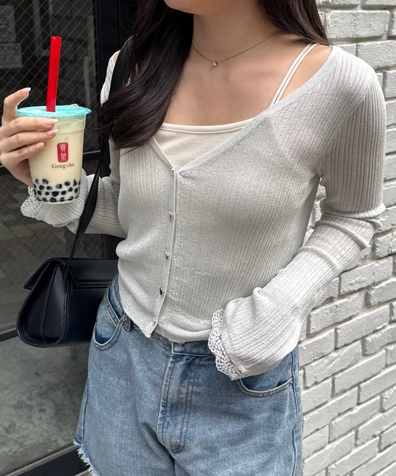 Remind me and forever(リマインドミーアンドフォーエバー) 【chipiセレクト】ハートボタン袖レースラメカーデ