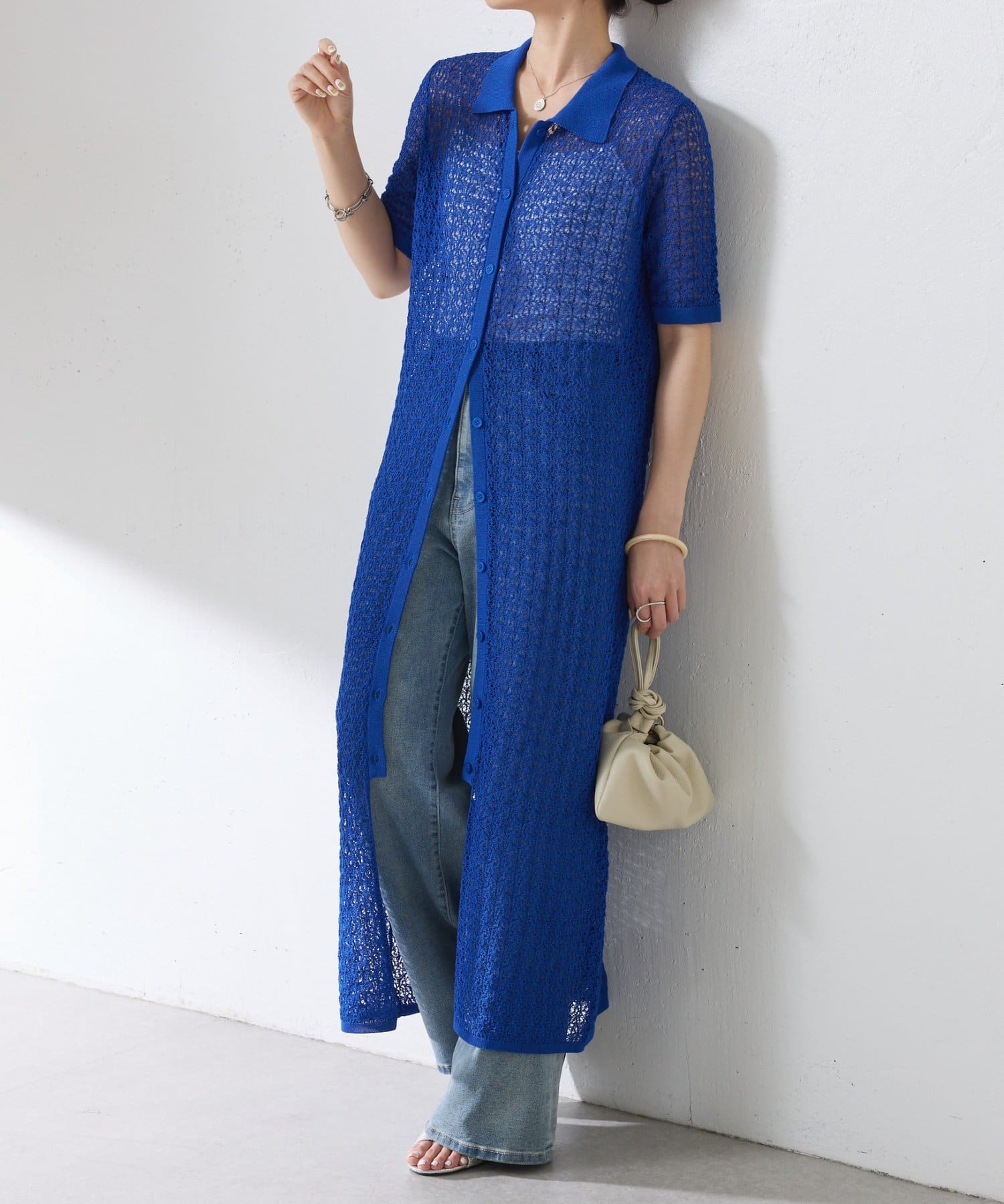 COLLAGE GALLARDAGALANTE(コラージュ ガリャルダガランテ) 【二の腕カバー】透かし編ニットポロワンピース