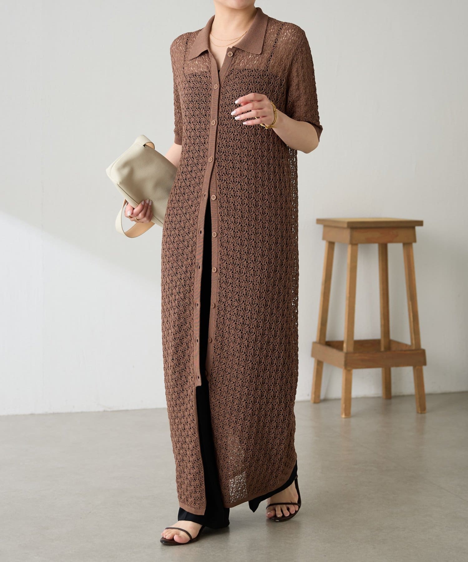 COLLAGE GALLARDAGALANTE(コラージュ ガリャルダガランテ) 【二の腕カバー】透かし編ニットポロワンピース