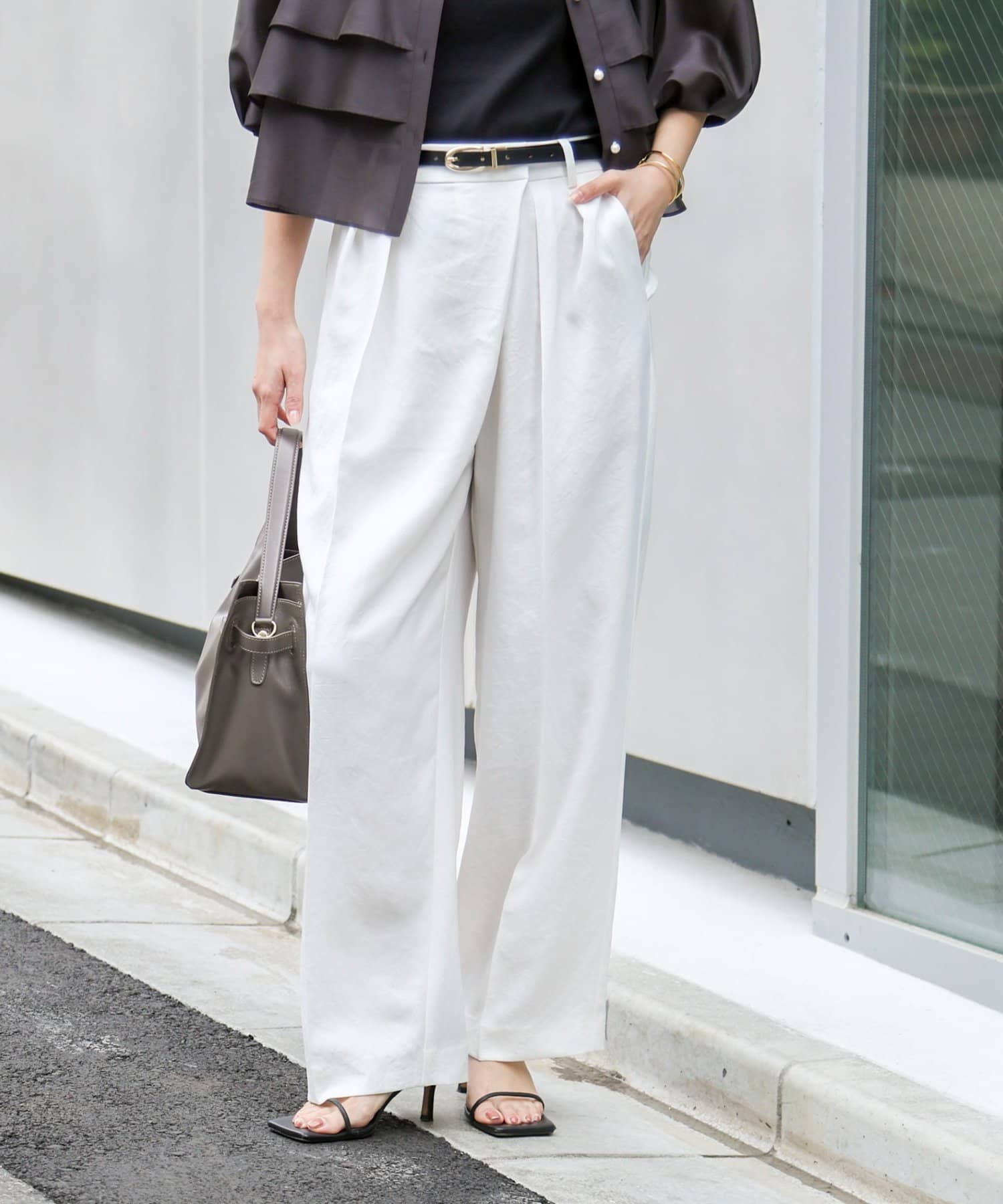 NOLLEY'S(ノーリーズ) ウォッシャブルラップ風ワイドパンツ