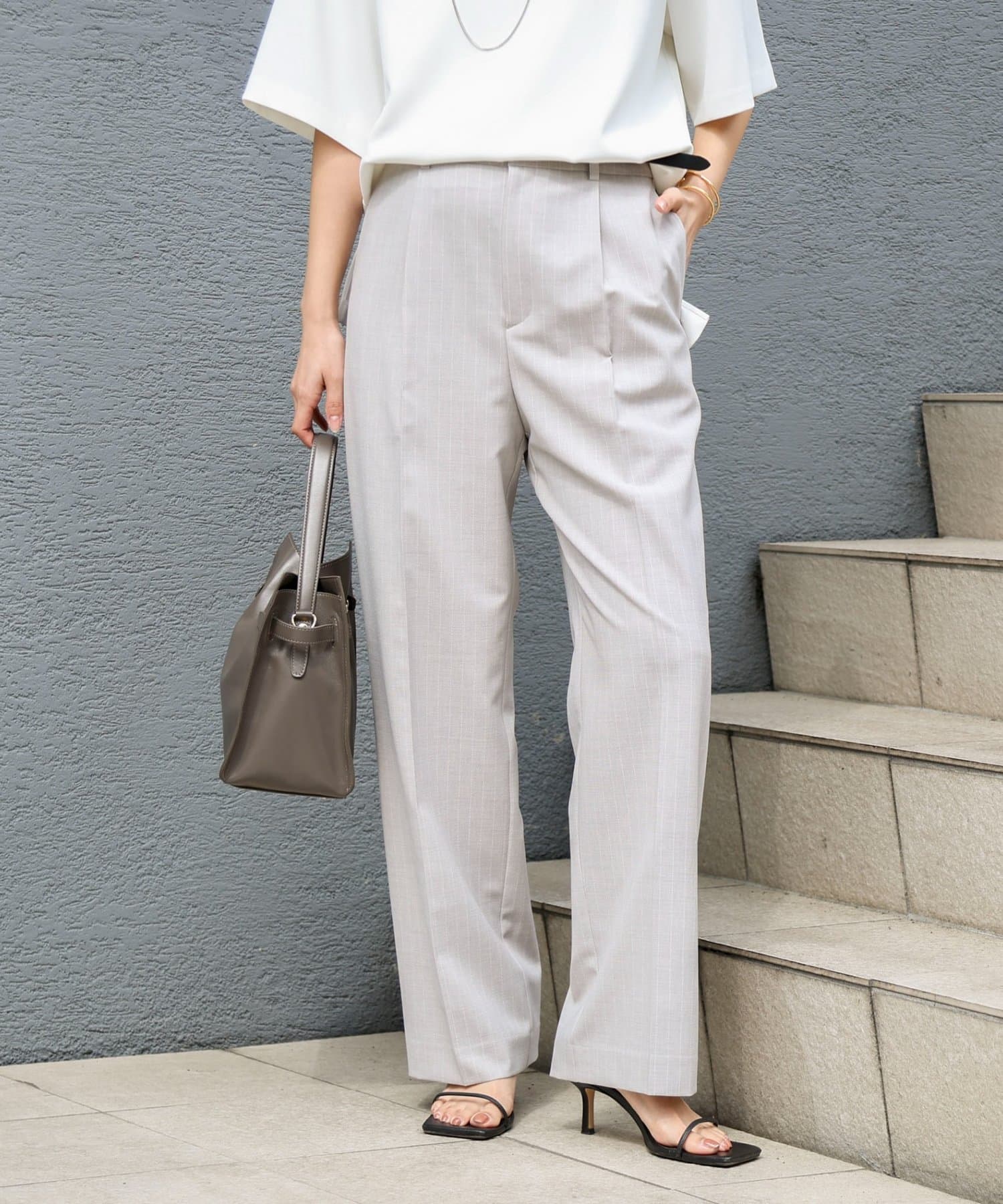 NOLLEY'S(ノーリーズ) ウォッシャブルストライプ愛されセミワイドパンツ