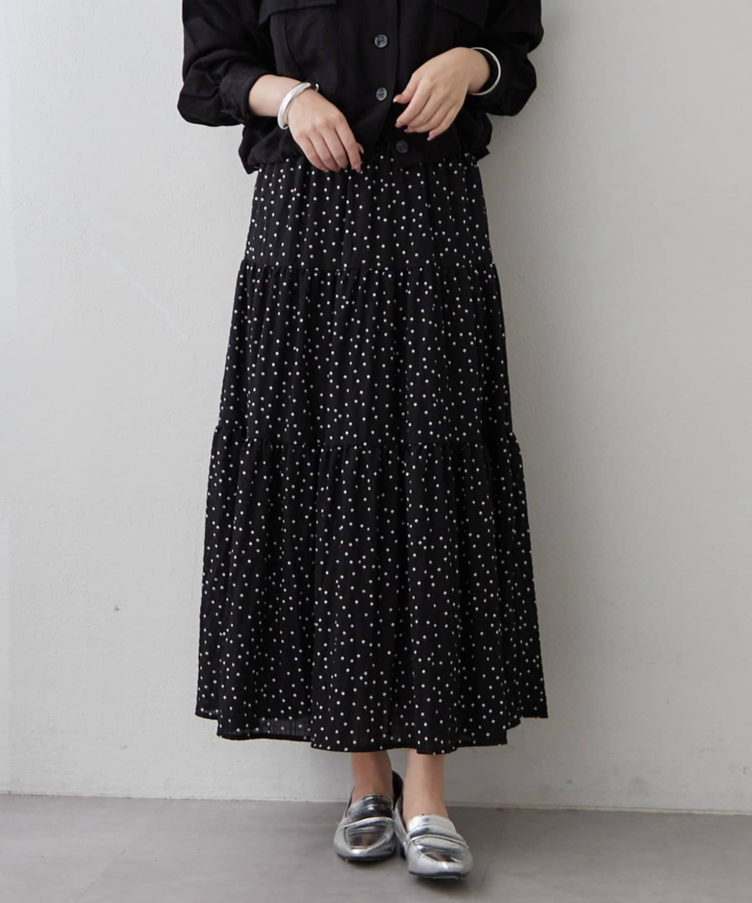 Remind me and forever(リマインドミーアンドフォーエバー) 【トレンドのドット柄】ティアードプリーツスカート