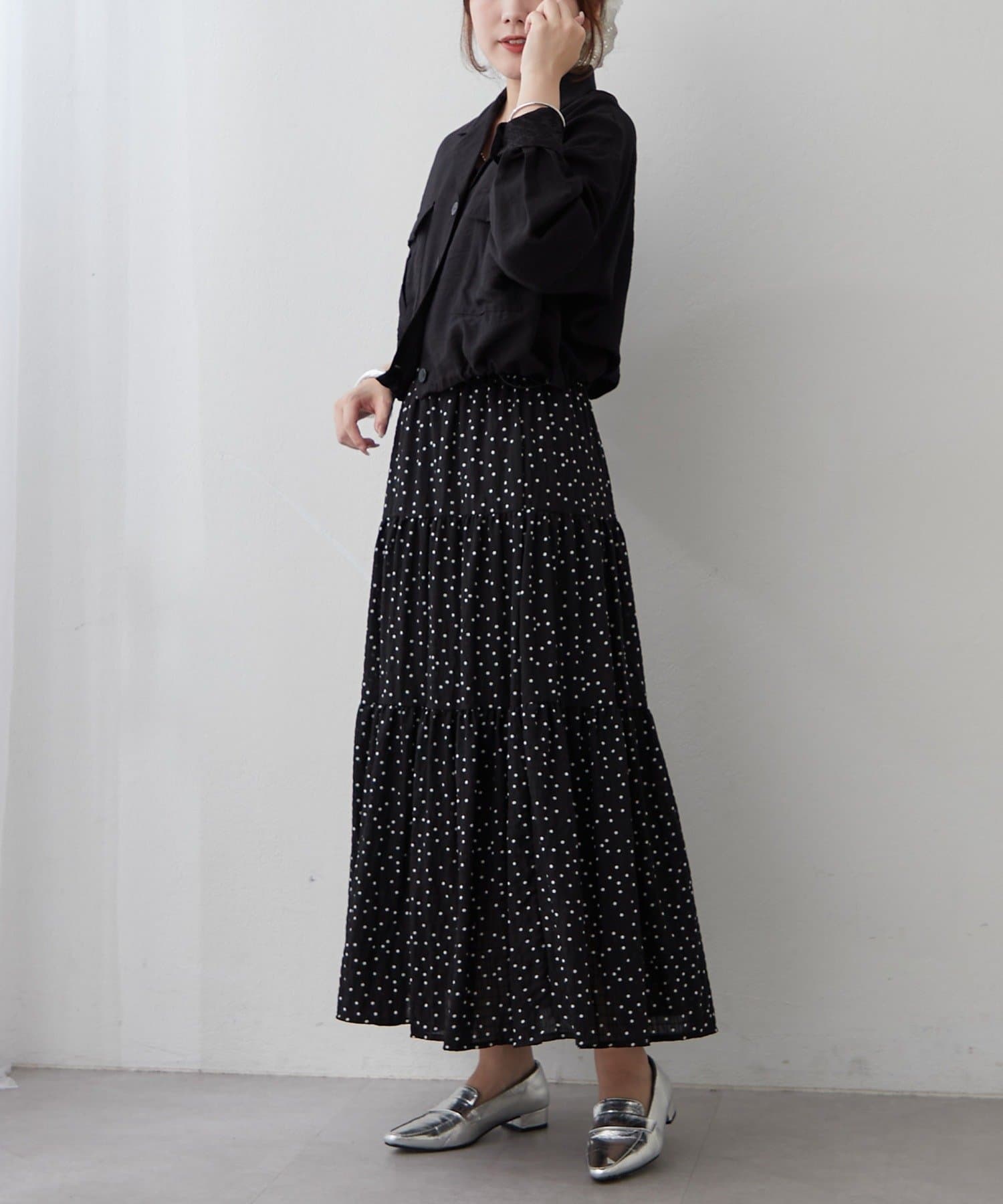 Remind me and forever(リマインドミーアンドフォーエバー) 【トレンドのドット柄】ティアードプリーツスカート