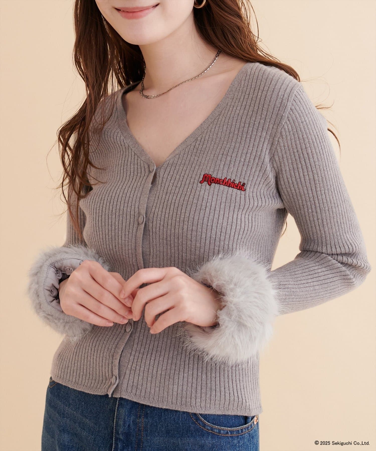 NICE CLAUP / OLIVE des OLIVE OUTLET(ナイスクラップ  / オリーブ デ オリーブ アウトレット) 【natural couture】＜モンチッチコラボ＞袖ファーリブカーデ