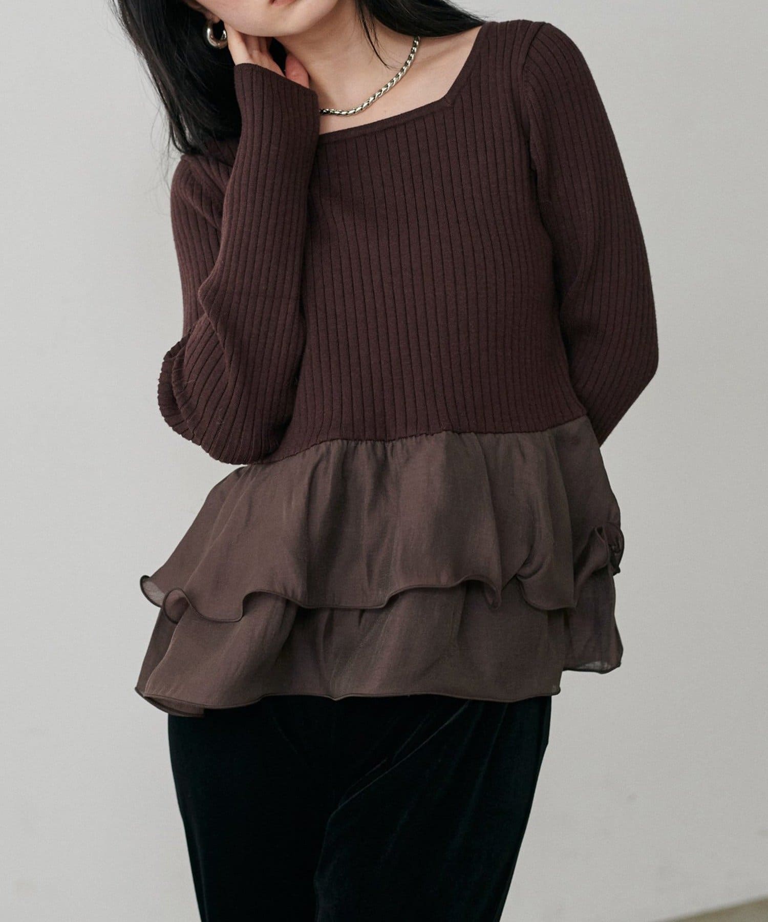 NICE CLAUP / OLIVE des OLIVE OUTLET(ナイスクラップ  / オリーブ デ オリーブ アウトレット) 【LARUTA】前後2WAYペプラムフリルニット