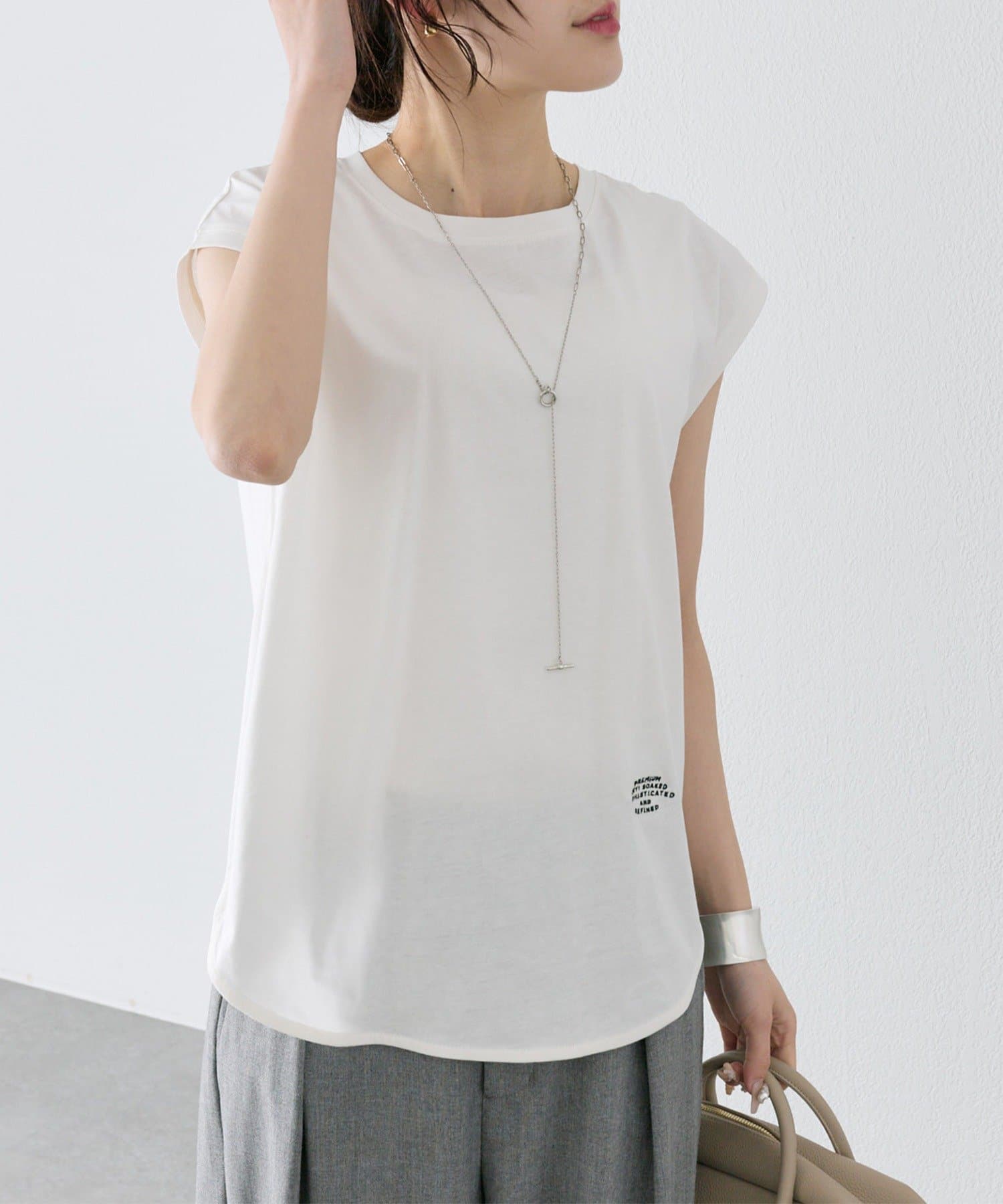 PUAL CE CIN(ピュアルセシン) 【汗ジミ防止加工】ワンポイントロゴ刺繍フレンチスリーブTシャツ