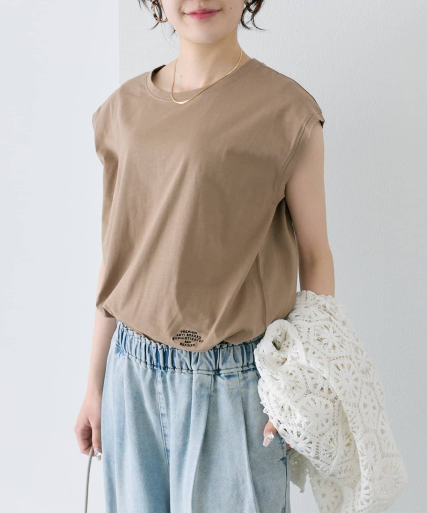 PUAL CE CIN(ピュアルセシン) 【汗ジミ防止加工】ワンポイントロゴ刺繍フレンチスリーブTシャツ